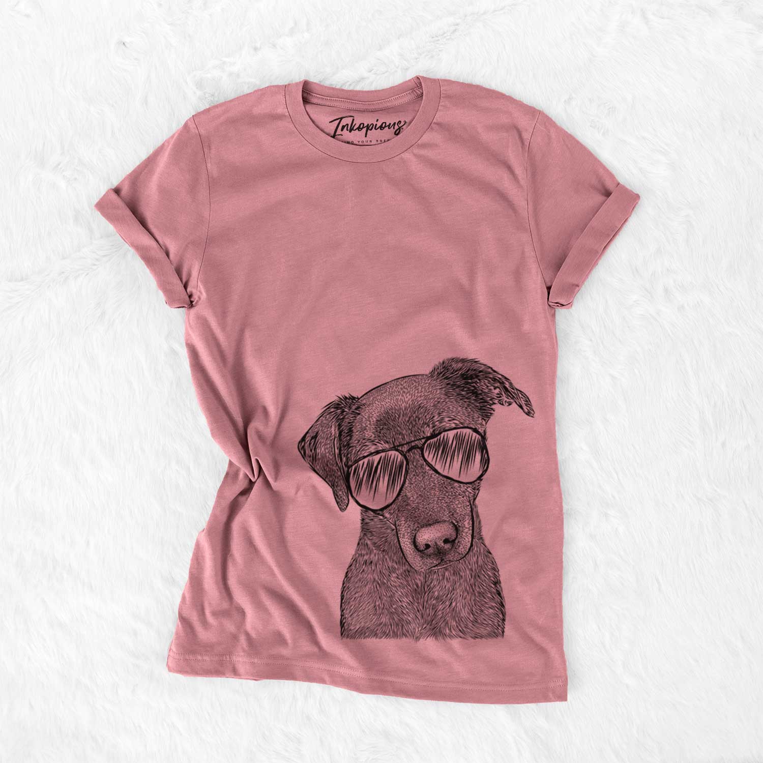 Hand-drawn sketch of Sadie the Whipador wearing aviator sunglasses on a Mauve Unisex crewneck