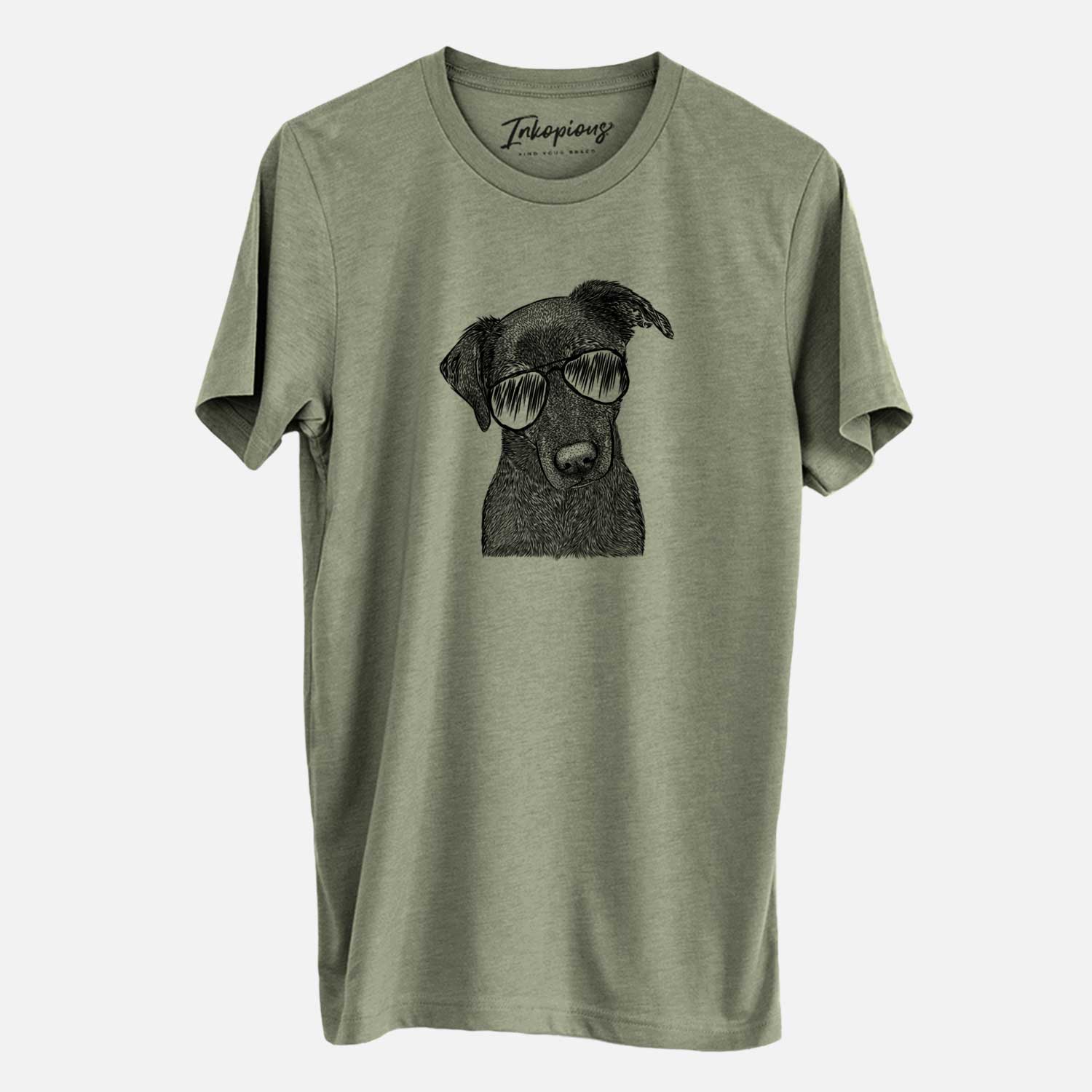 Hand-drawn sketch of Sadie the Whipador wearing aviator sunglasses on an Olive Unisex crewneck