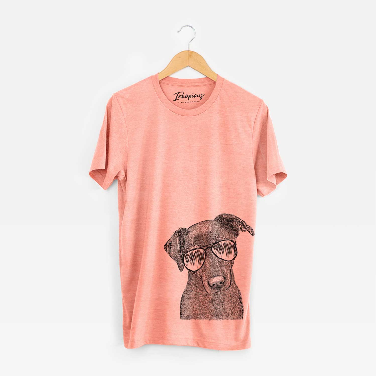 Hand-drawn sketch of Sadie the Whipador wearing aviator sunglasses on a Sunset Unisex crewneck