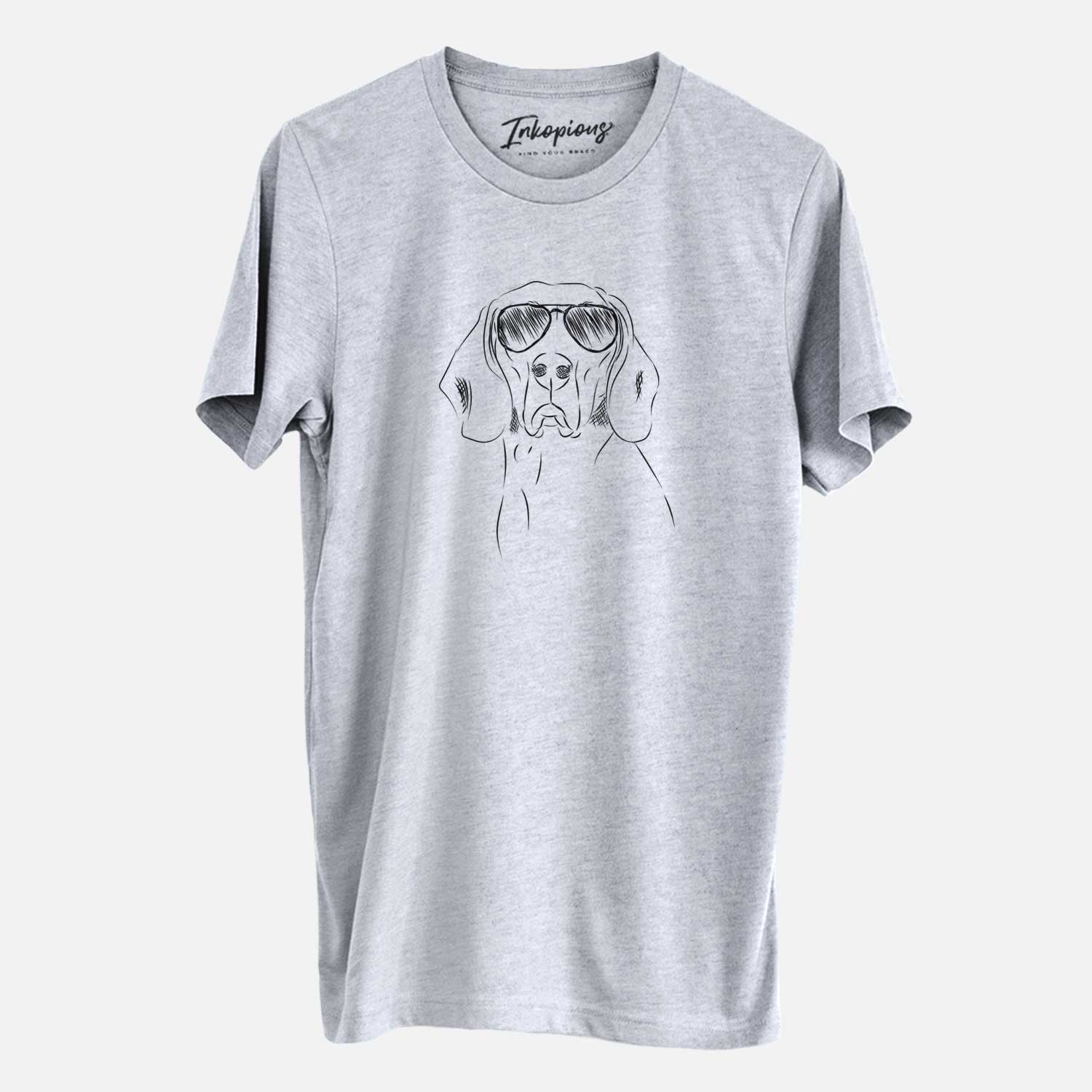 Hand-drawn sketch of Sagan the Coonhound wearing aviator sunglasses on a Grey Unisex crewneck