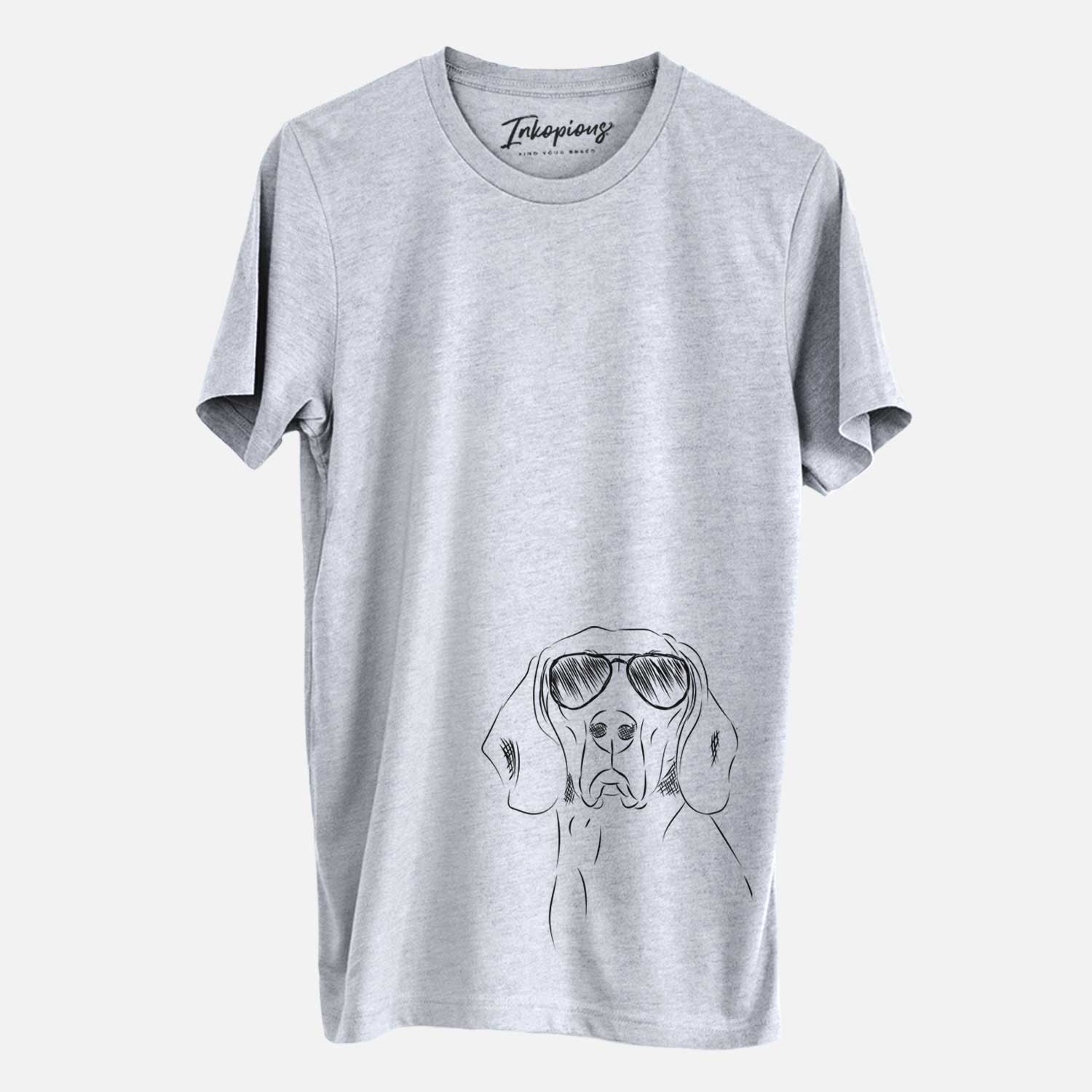 Hand-drawn sketch of Sagan the Coonhound wearing aviator sunglasses on a Grey Unisex crewneck