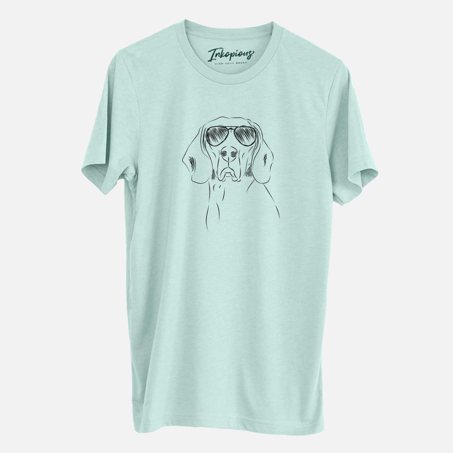 Hand-drawn sketch of Sagan the Coonhound wearing aviator sunglasses on a Heather Sage Unisex crewneck