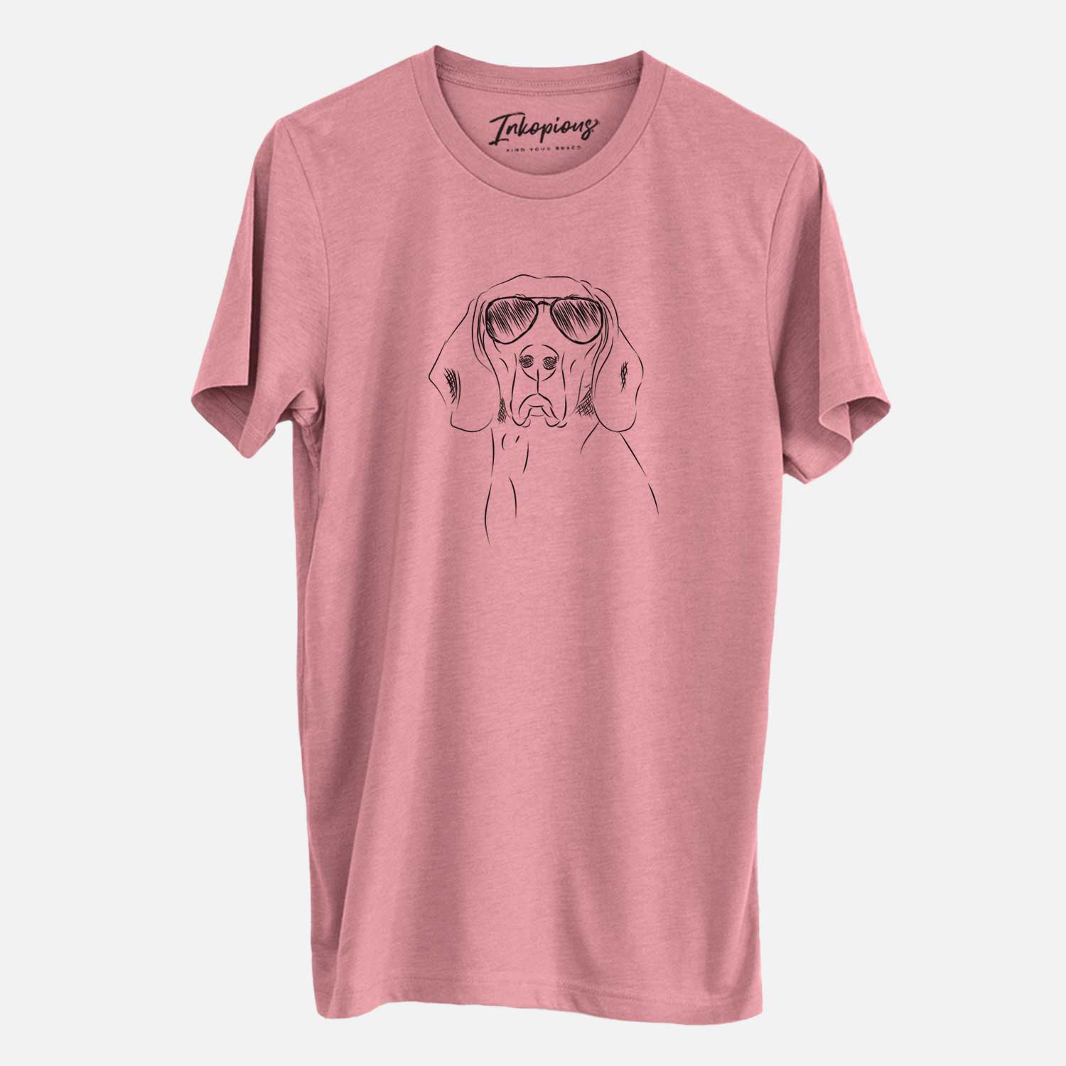 Hand-drawn sketch of Sagan the Coonhound wearing aviator sunglasses on a Mauve Unisex crewneck