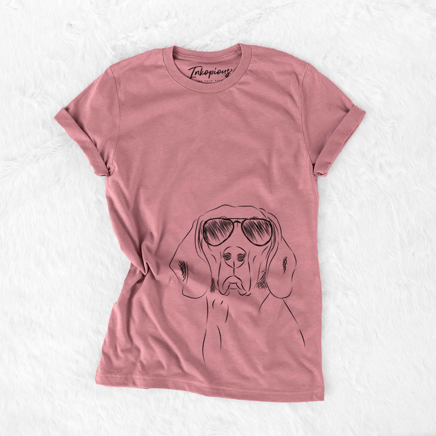Hand-drawn sketch of Sagan the Coonhound wearing aviator sunglasses on a Mauve Unisex crewneck
