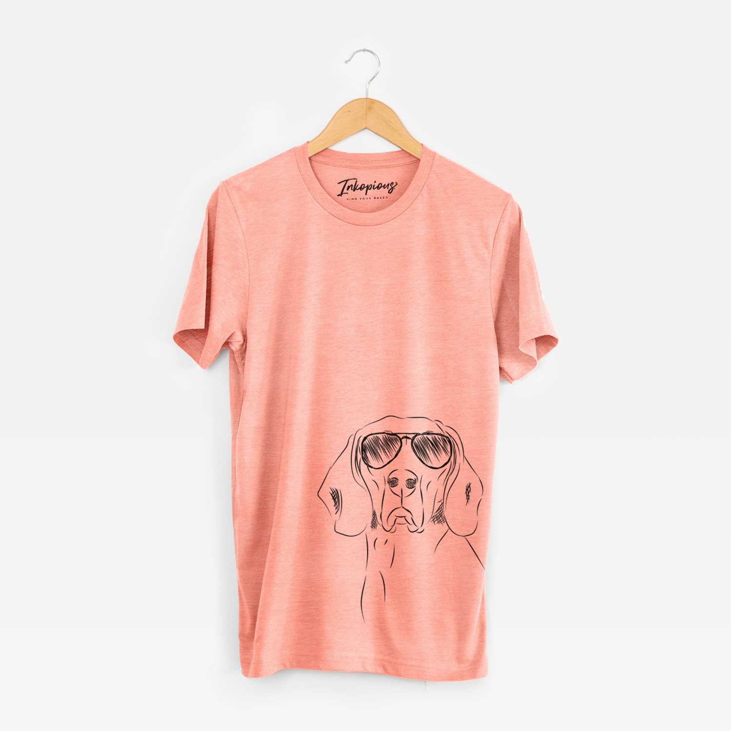 Hand-drawn sketch of Sagan the Coonhound wearing aviator sunglasses on a Sunset Unisex crewneck