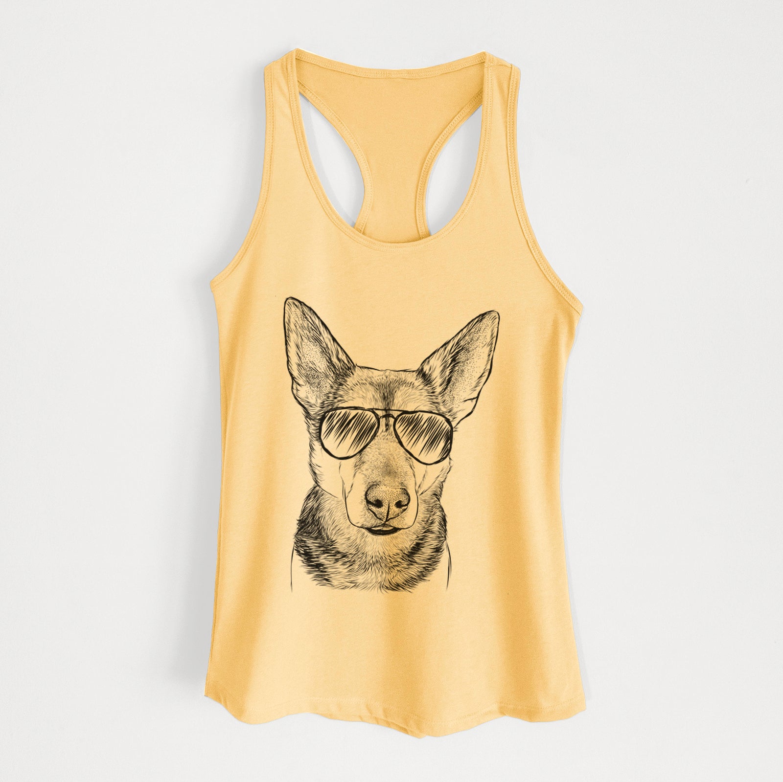 Hand-drawn sketch of Sammie the Mixed Breed wearing aviator sunglasses on a Banana Cream Women's racerback tanktop