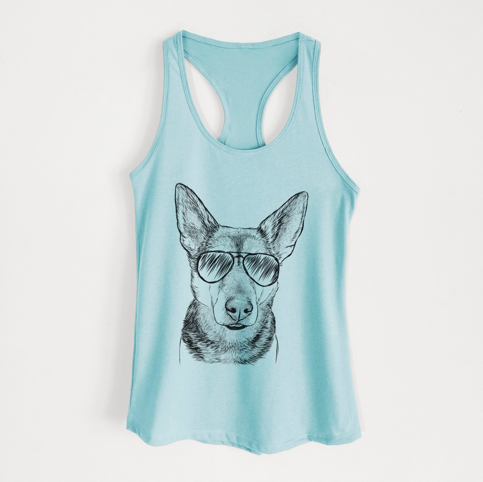 Hand-drawn sketch of Sammie the Mixed Breed wearing aviator sunglasses on a Cancun Blue Women's racerback tanktop