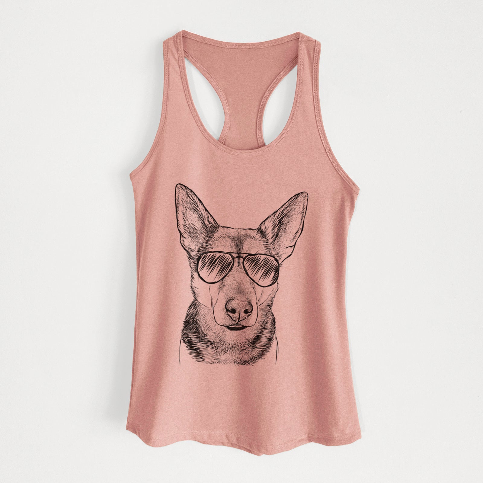 Hand-drawn sketch of Sammie the Mixed Breed wearing aviator sunglasses on a Desert Pink Women's racerback tanktop
