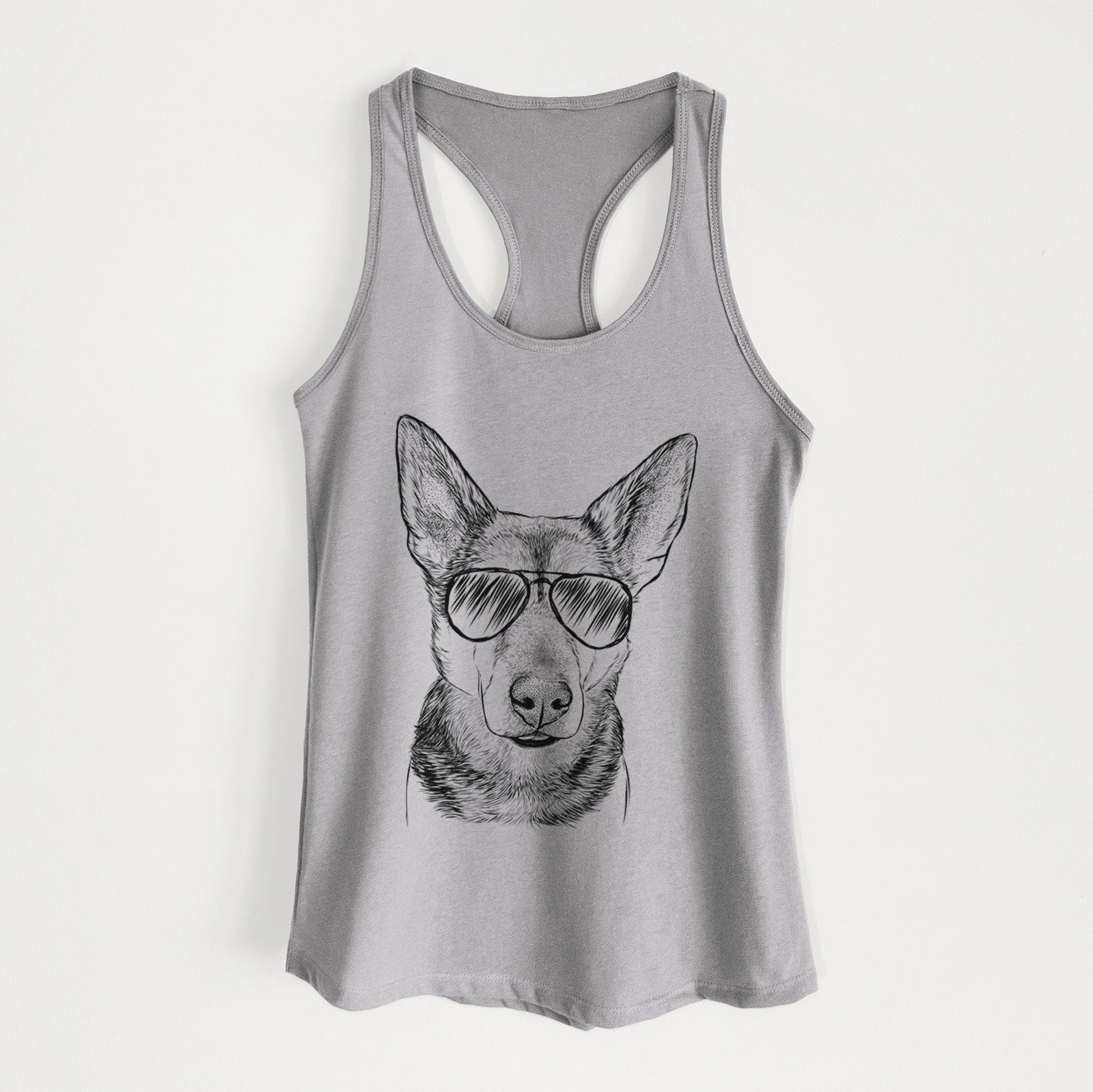 Hand-drawn sketch of Sammie the Mixed Breed wearing aviator sunglasses on a Heather Grey Women's racerback tanktop
