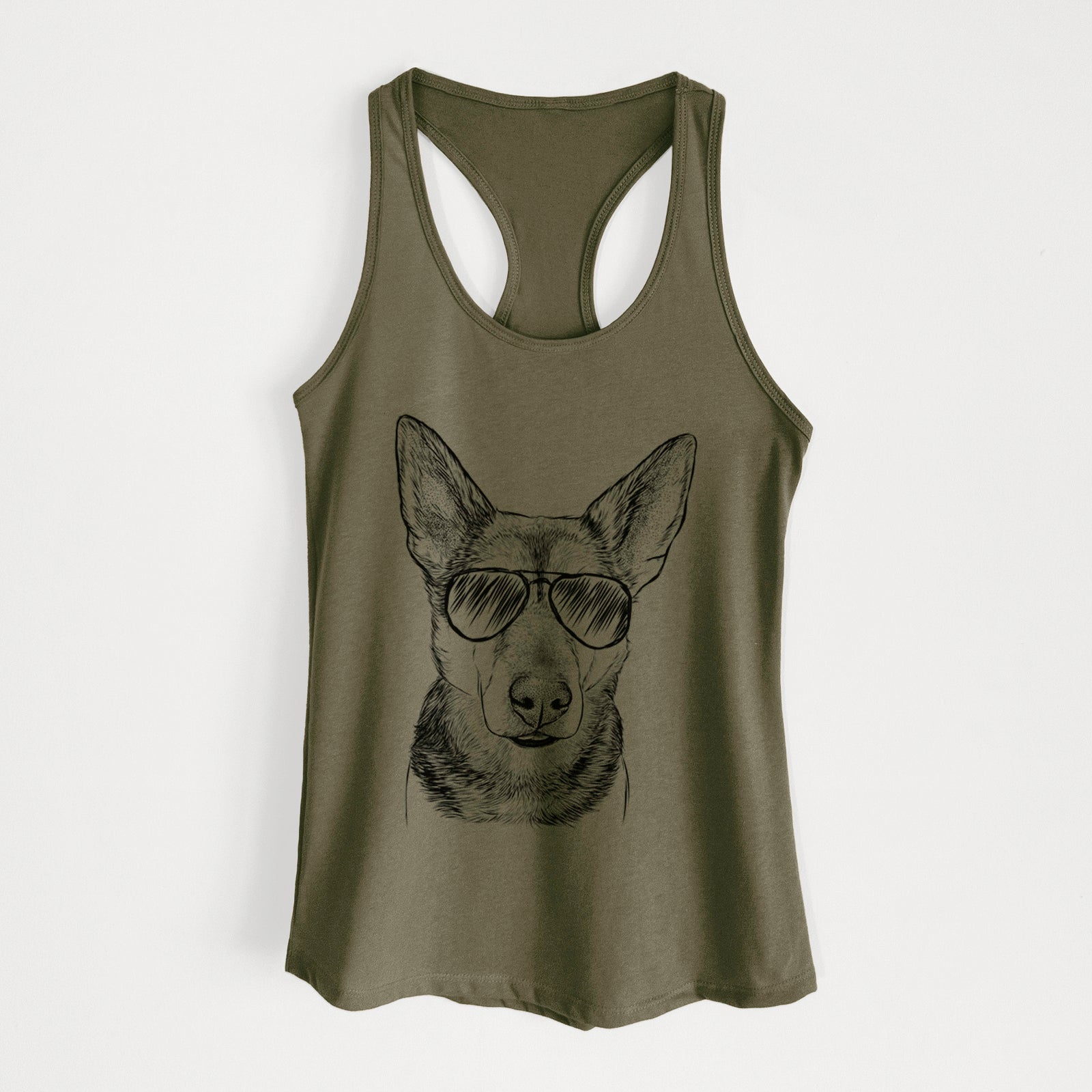 Hand-drawn sketch of Sammie the Mixed Breed wearing aviator sunglasses on a Military Green Women's racerback tanktop