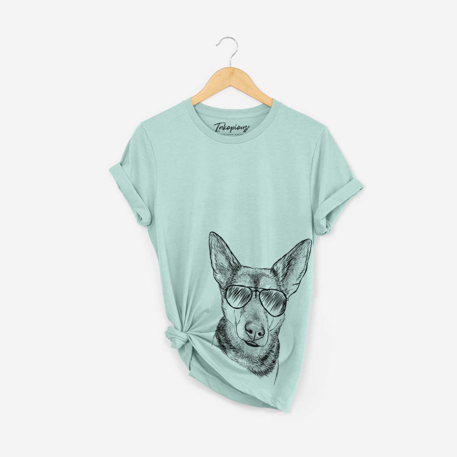 Hand-drawn sketch of Sammie the Mixed Breed wearing aviator sunglasses on a Heather Sage Bella Canvas Unisex Crewneck
