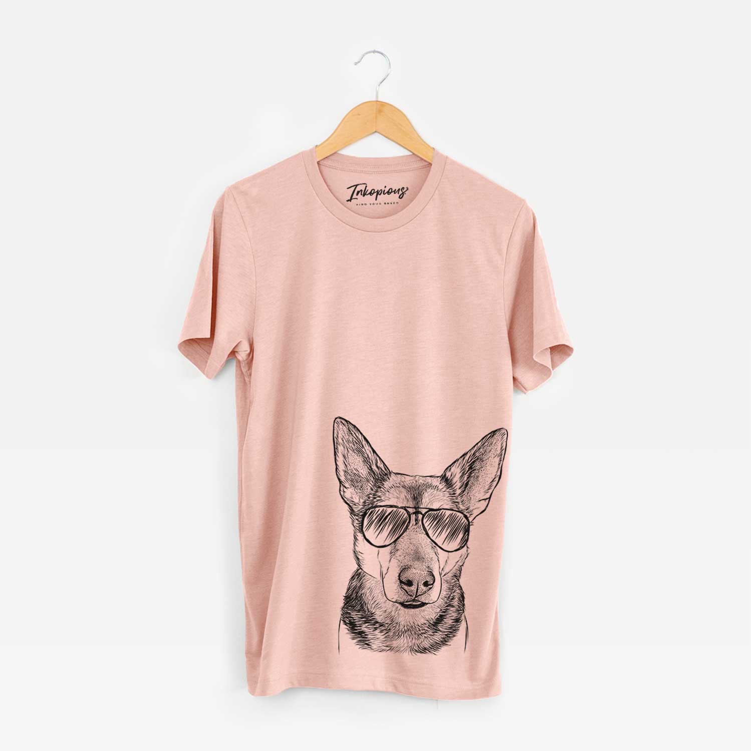 Hand-drawn sketch of Sammie the Mixed Breed wearing aviator sunglasses on a Peach Bella Canvas Unisex Crewneck