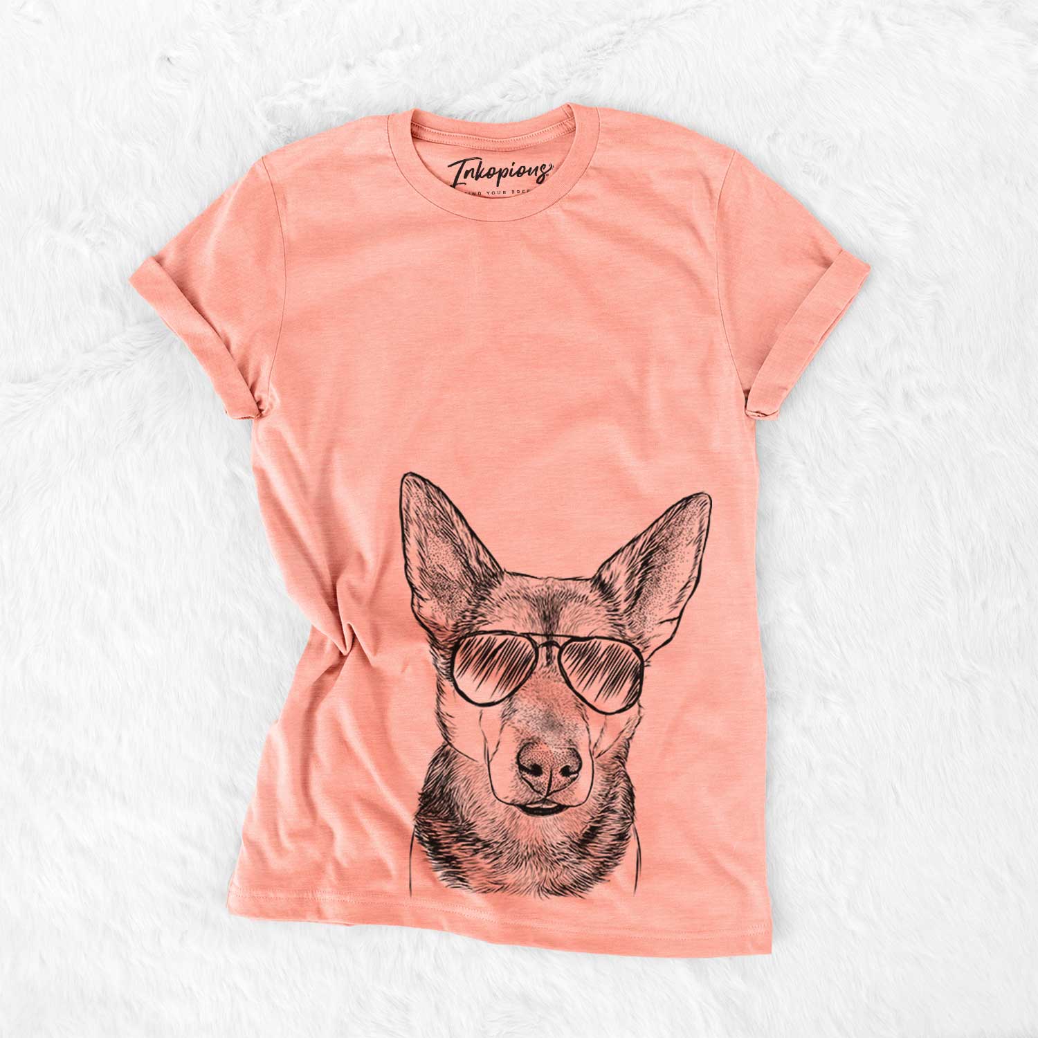 Hand-drawn sketch of Sammie the Mixed Breed wearing aviator sunglasses on a Sunset Bella Canvas Unisex Crewneck