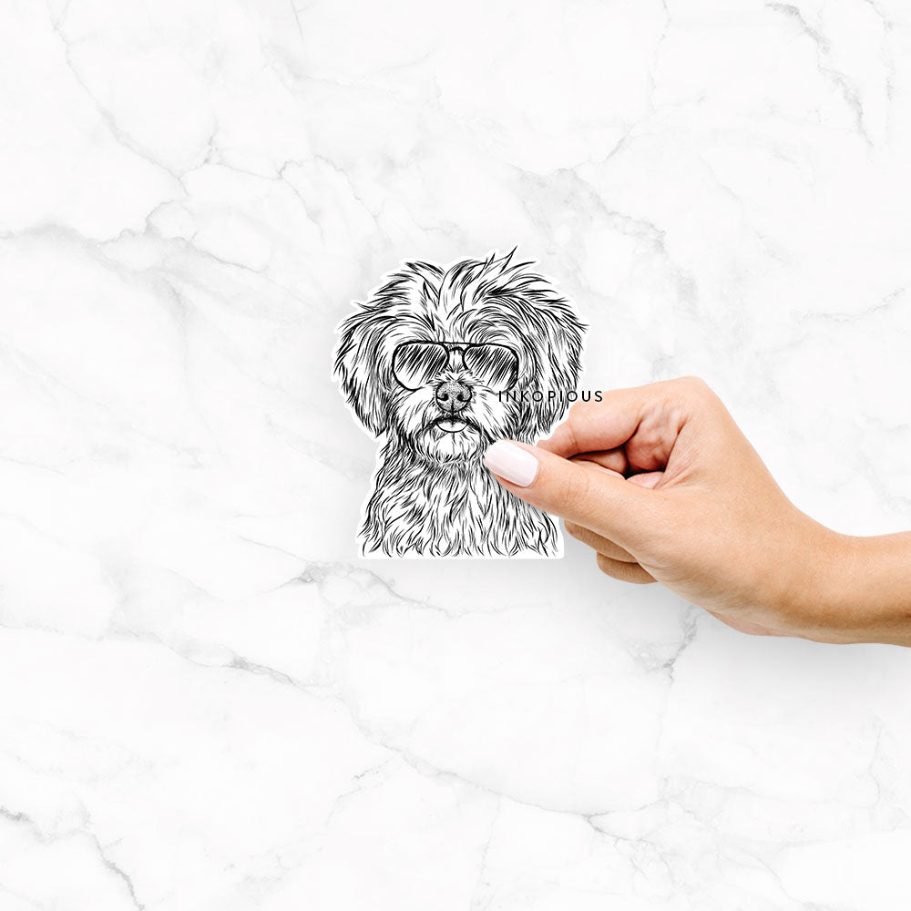 Hand-drawn sketch of Sammy the Shorkie wearing aviator sunglasses on a decal sticker