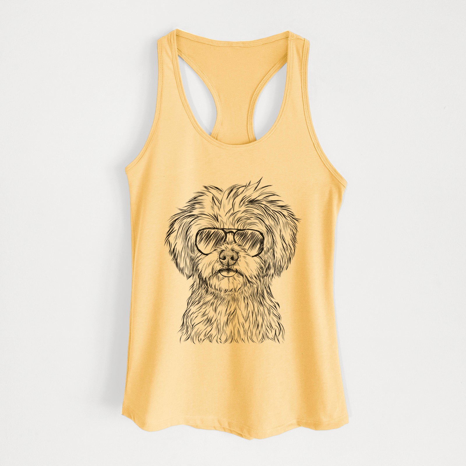 Hand-drawn sketch of Sammy the Shorkie wearing aviator sunglasses on a Banana Cream Women's racerback tanktop