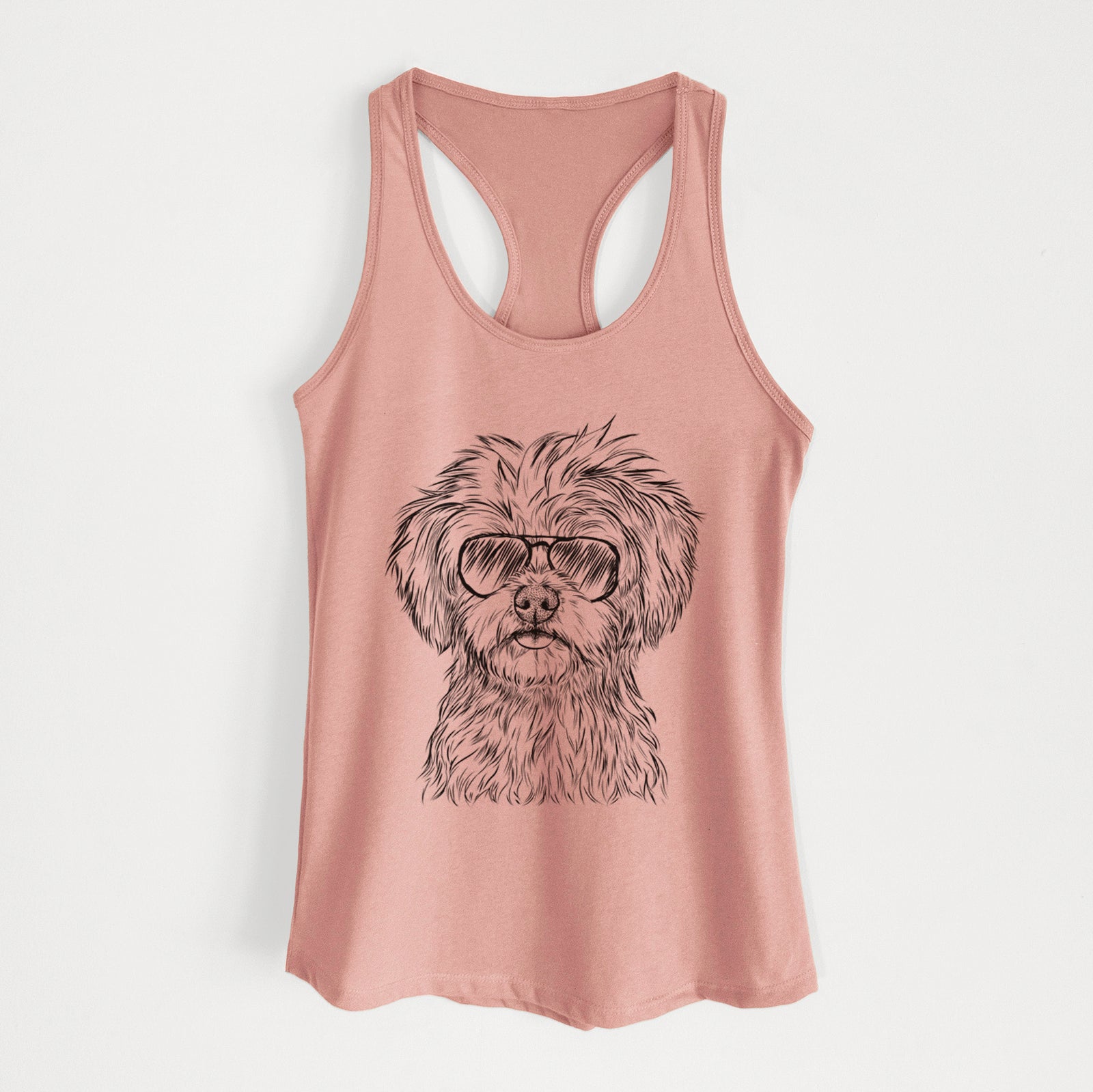 Hand-drawn sketch of Sammy the Shorkie wearing aviator sunglasses on a Desert Pink Women's racerback tanktop