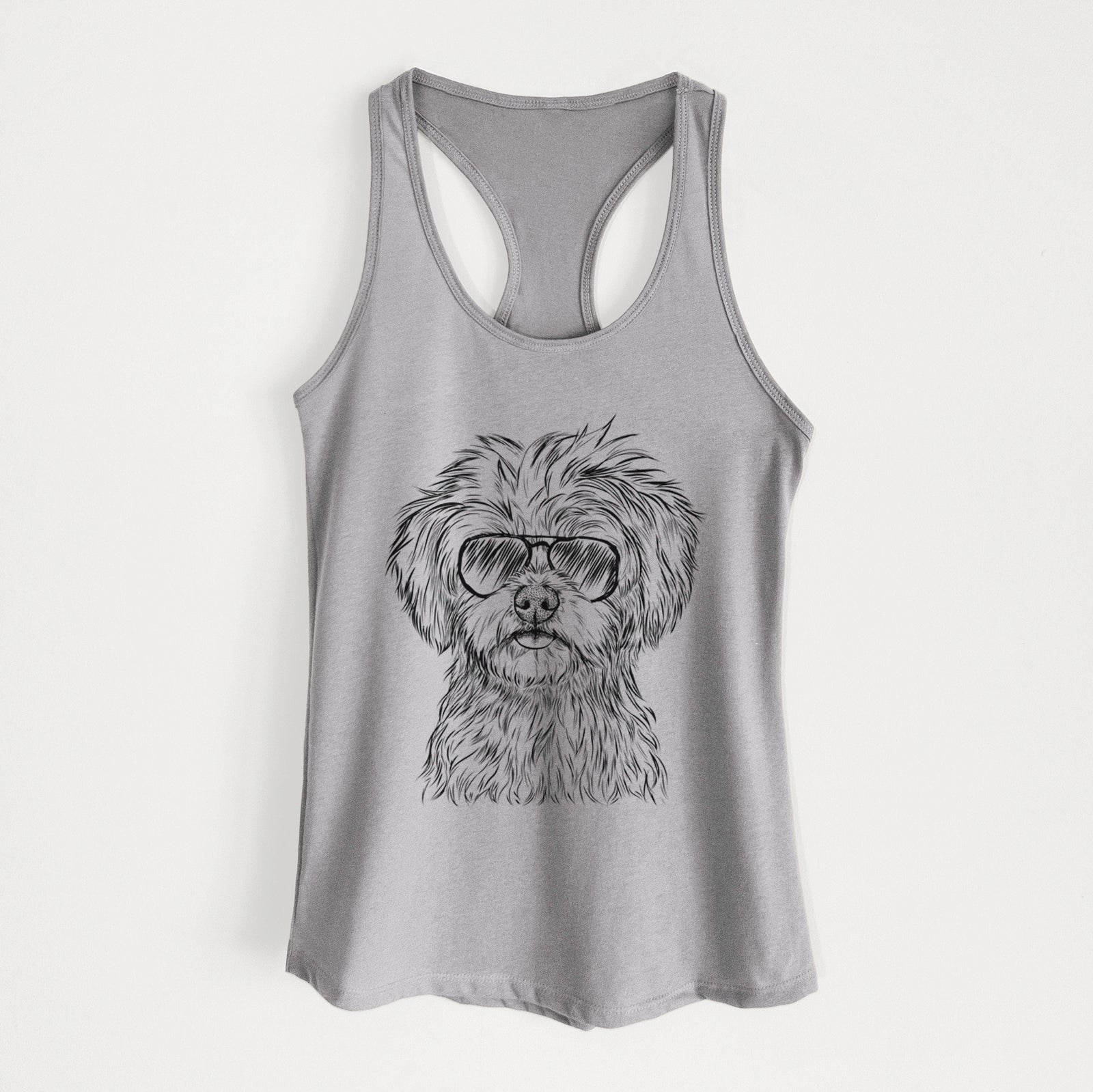 Hand-drawn sketch of Sammy the Shorkie wearing aviator sunglasses on a Heather Grey Women's racerback tanktop