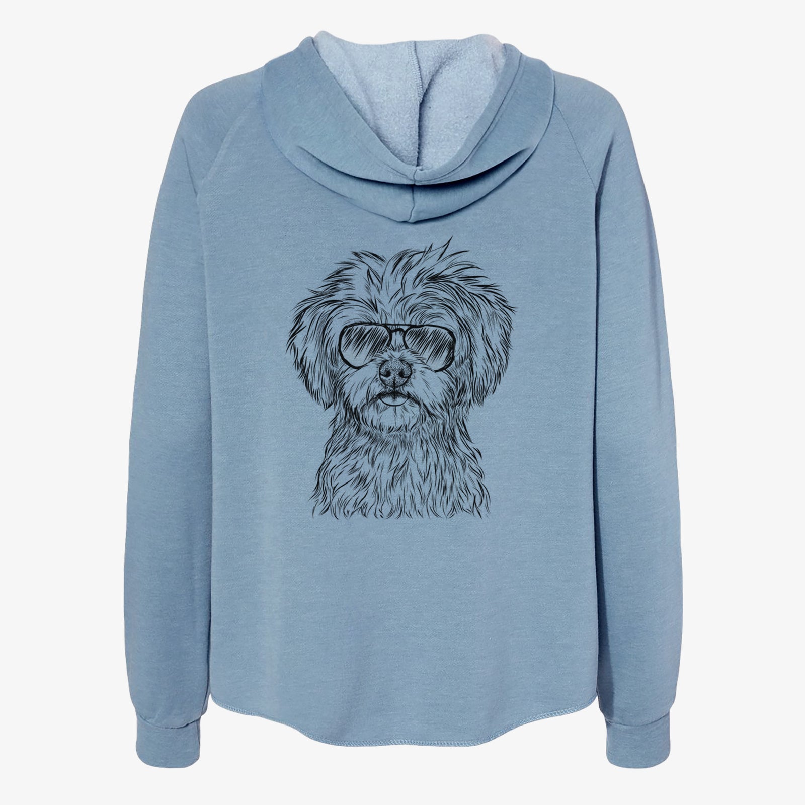 Hand-drawn sketch of Sammy the Shorkie wearing aviator sunglasses on a Misty Blue Women's cali wave zip-up sweatshirt