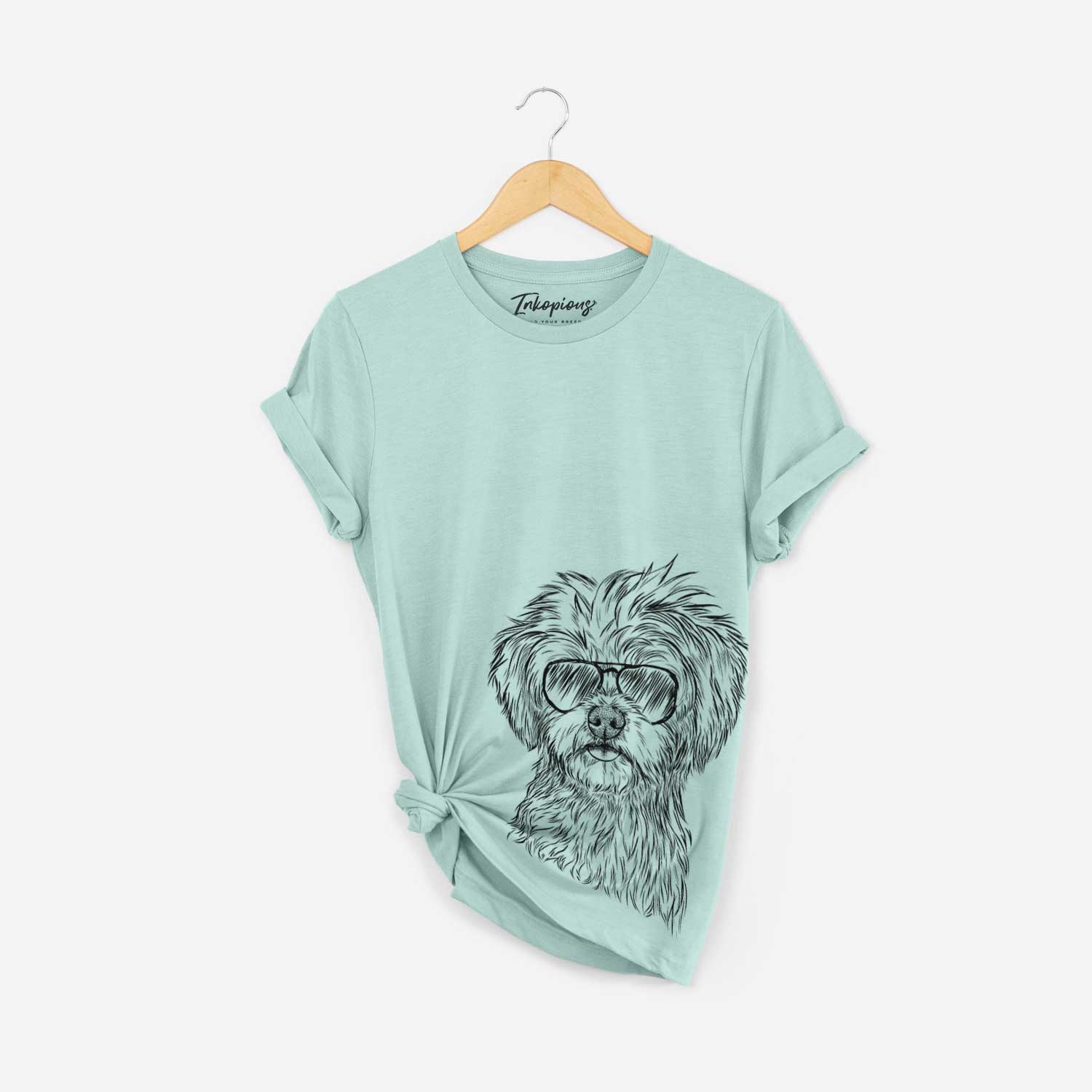 Hand-drawn sketch of Sammy the Shorkie wearing aviator sunglasses on a Heather Sage Bella Canvas Unisex Crewneck