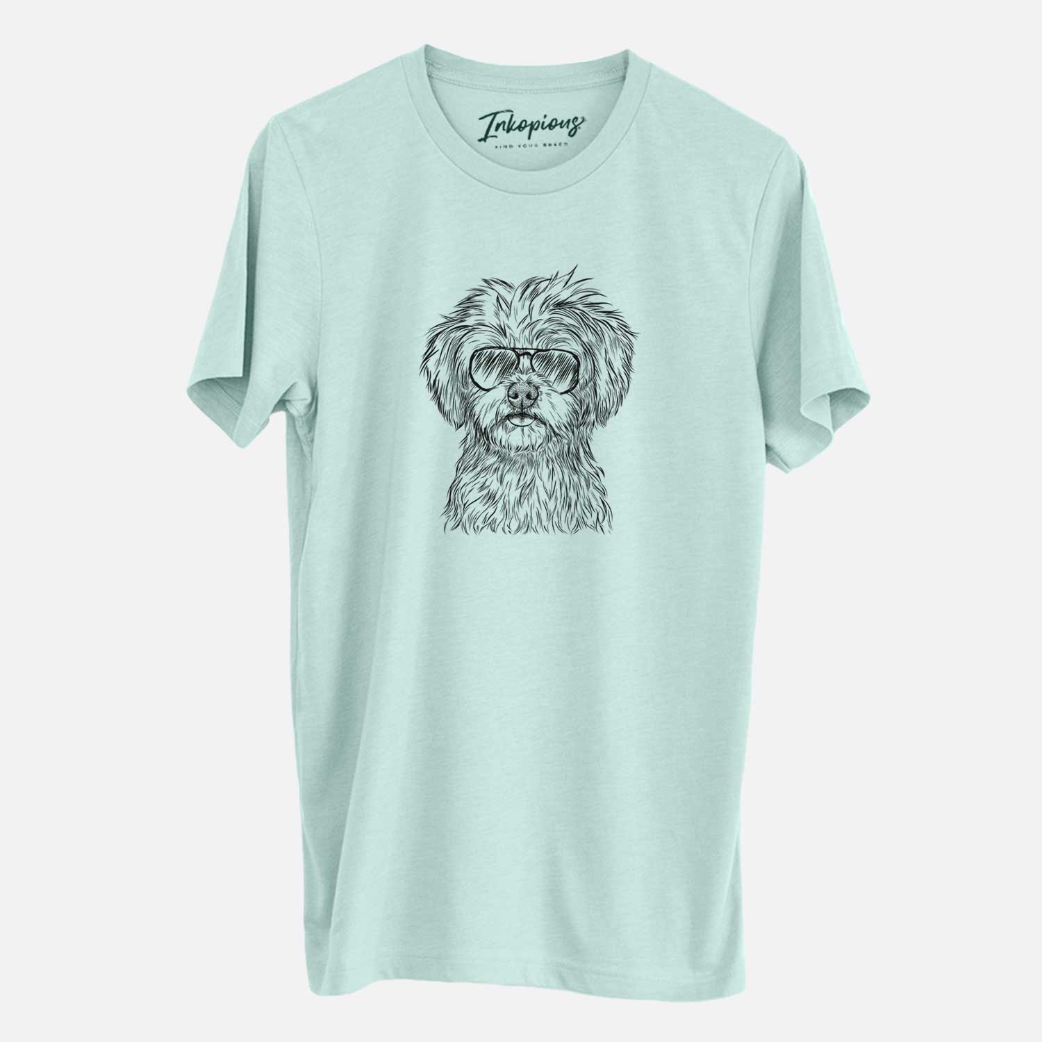 Hand-drawn sketch of Sammy the Shorkie wearing aviator sunglasses on a Heather Sage Unisex crewneck