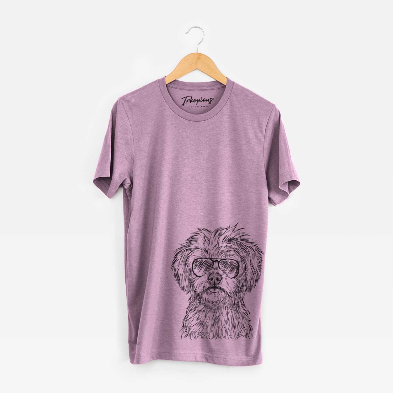 Hand-drawn sketch of Sammy the Shorkie wearing aviator sunglasses on an Orchid Unisex crewneck