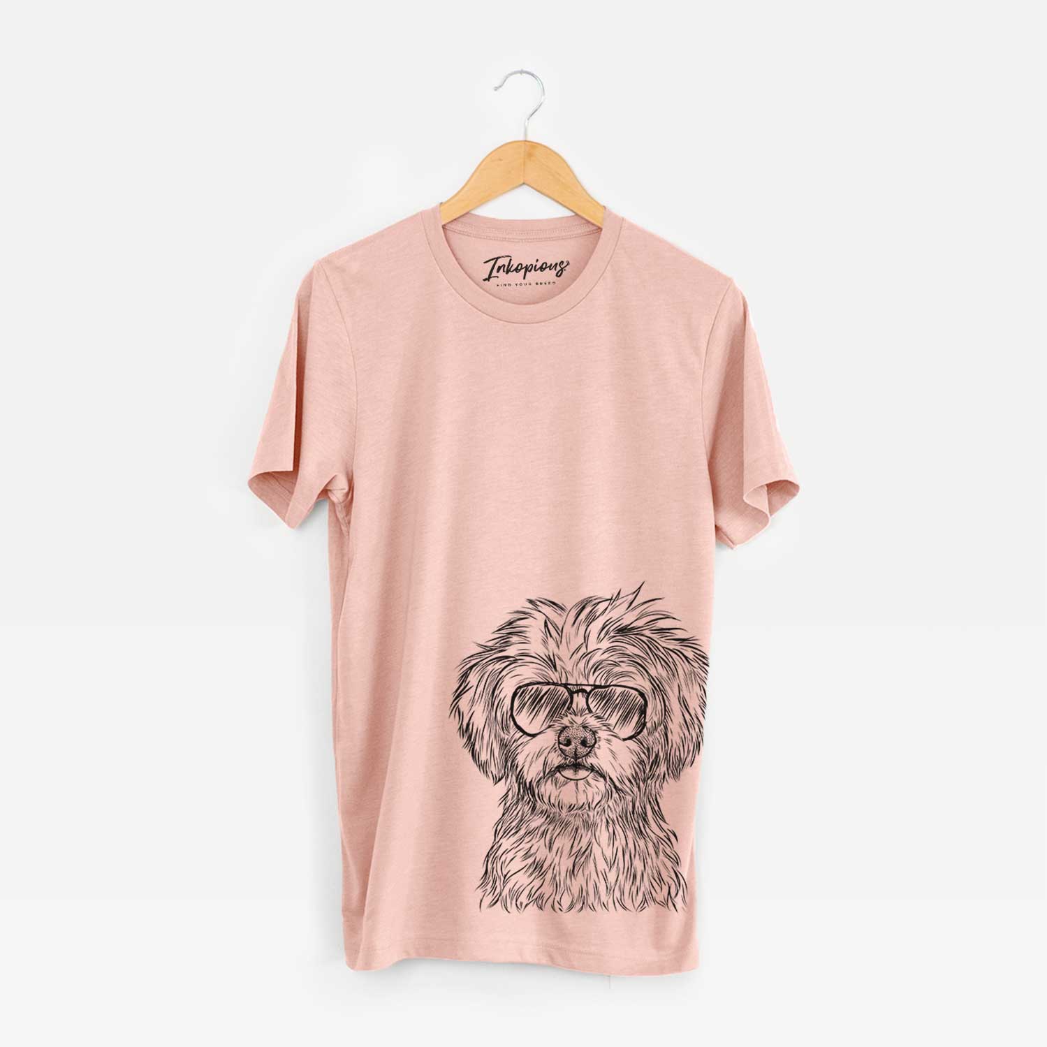Hand-drawn sketch of Sammy the Shorkie wearing aviator sunglasses on a Peach Bella Canvas Unisex Crewneck
