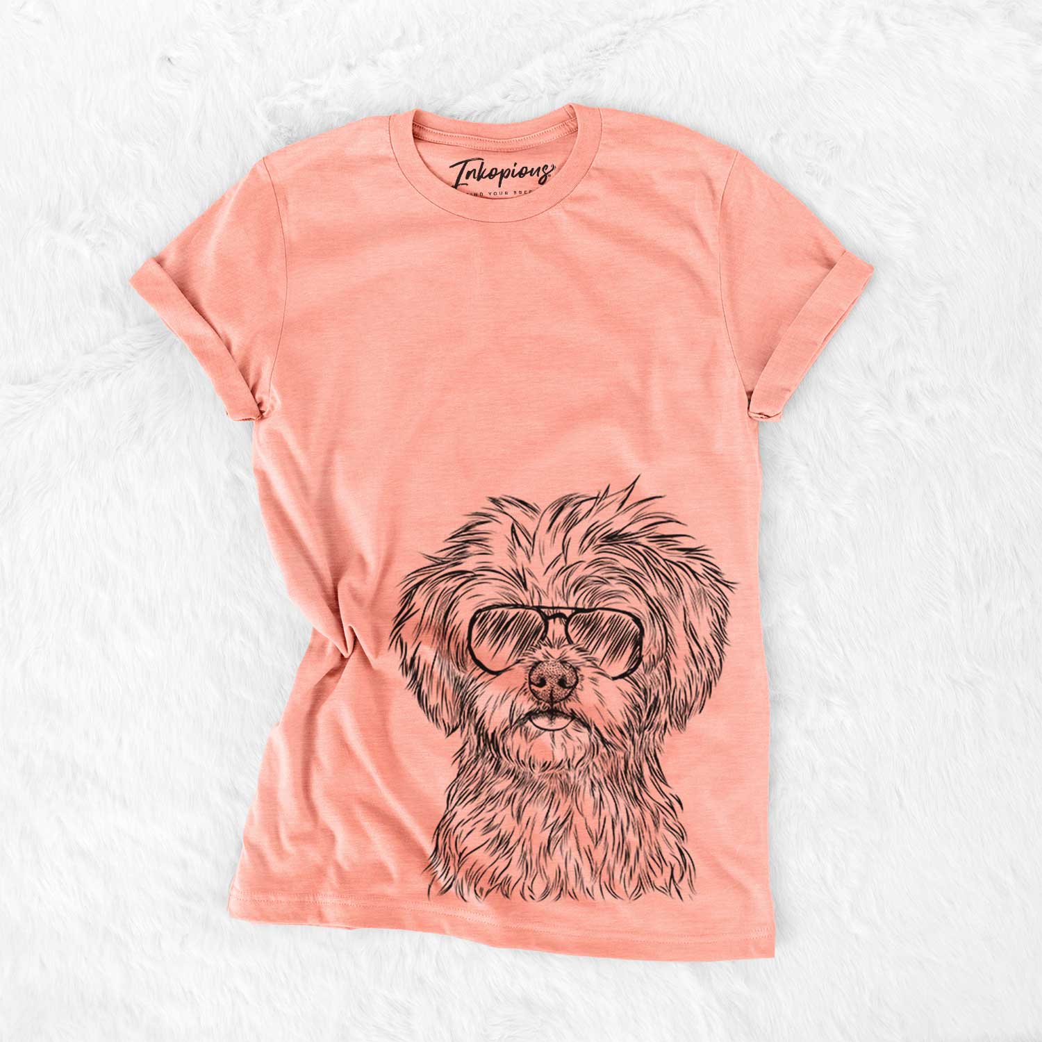 Hand-drawn sketch of Sammy the Shorkie wearing aviator sunglasses on a Sunset Bella Canvas Unisex Crewneck
