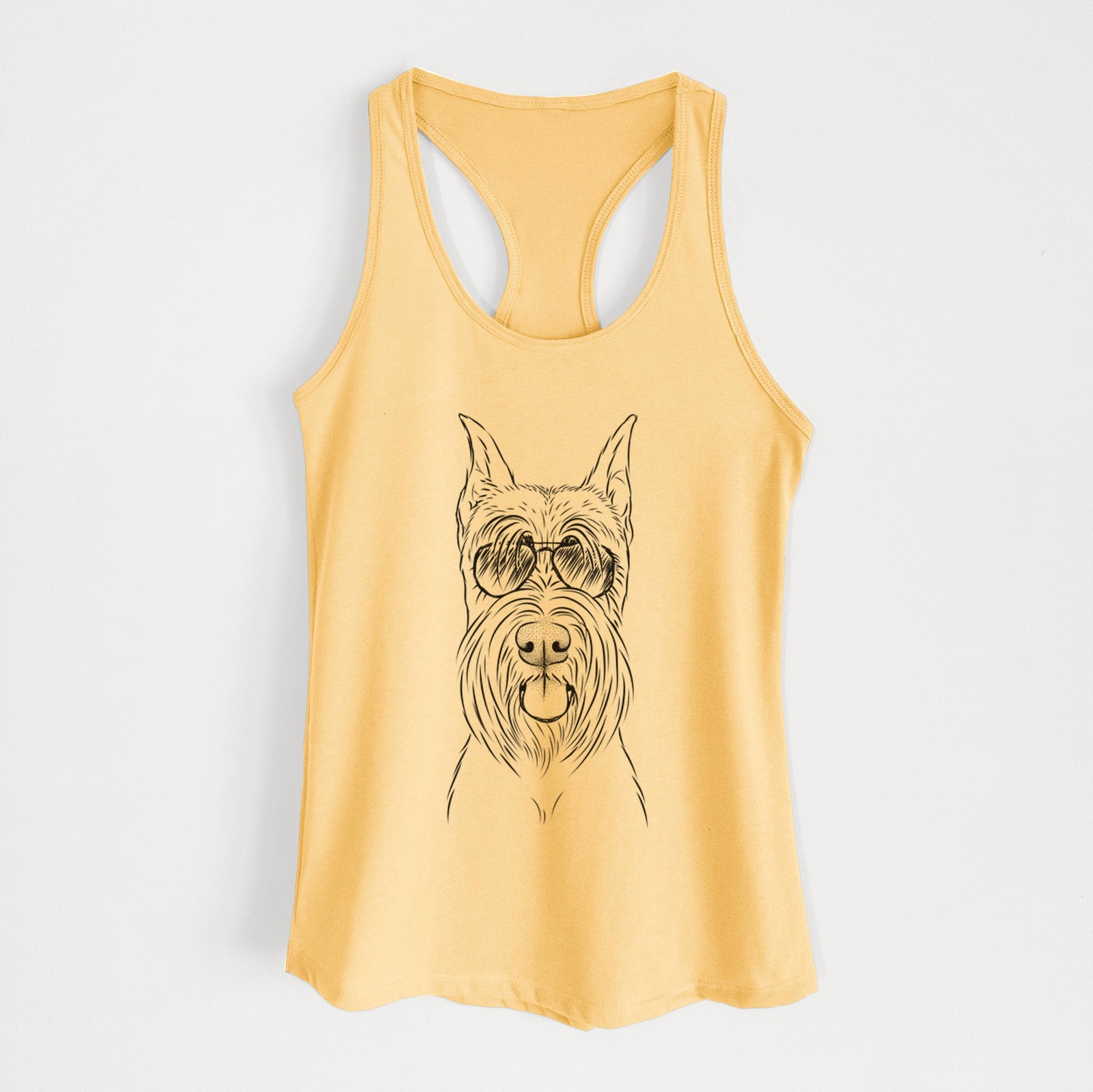 Hand-drawn sketch of Samuel the Standard Schnauzer wearing aviator sunglasses on a Banana Cream Women's racerback tanktop