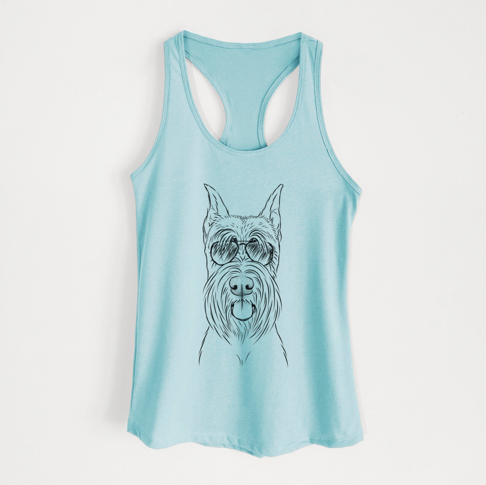 Hand-drawn sketch of Samuel the Standard Schnauzer wearing aviator sunglasses on a Cancun Blue Women's racerback tanktop