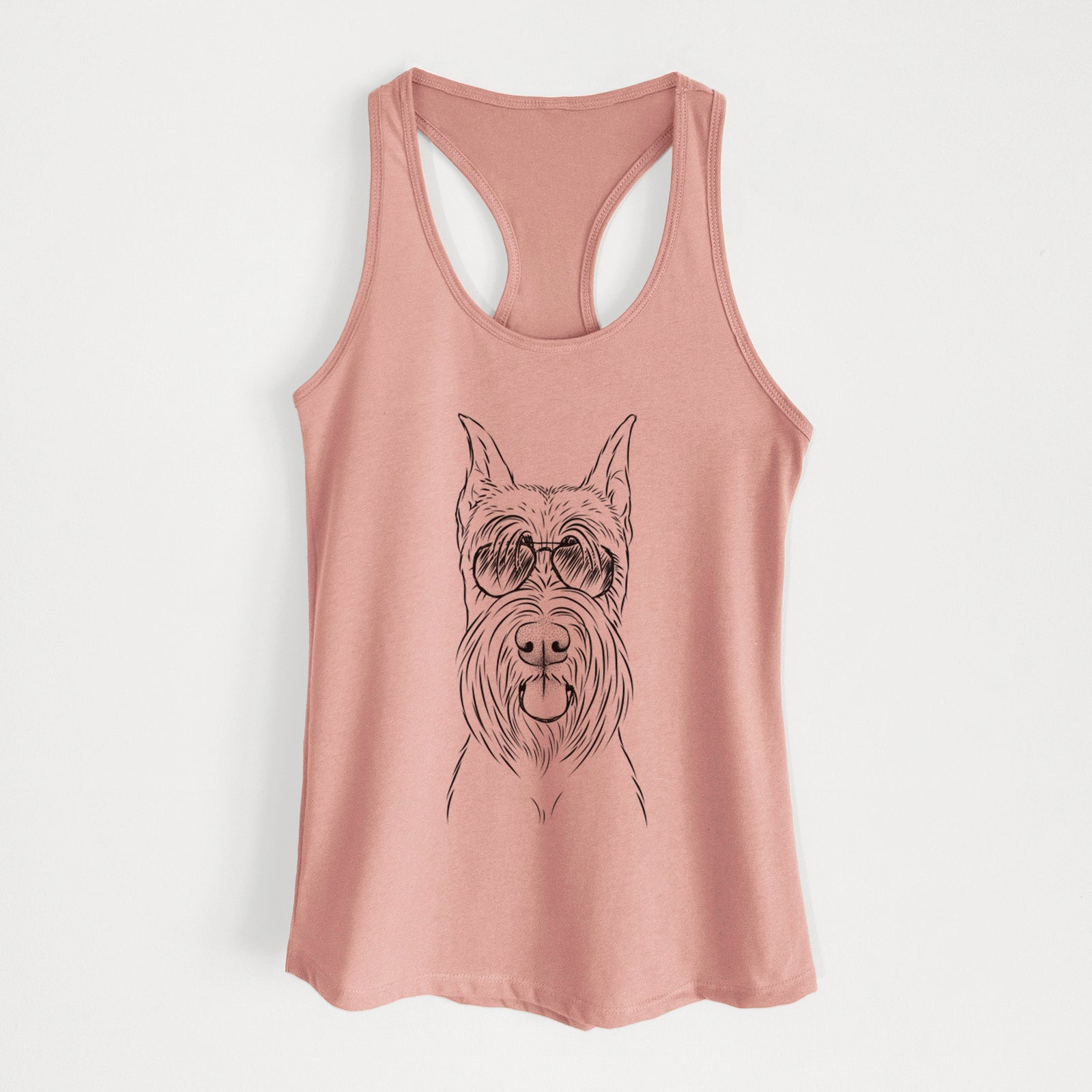 Hand-drawn sketch of Samuel the Standard Schnauzer wearing aviator sunglasses on a Desert Pink Women's racerback tanktop