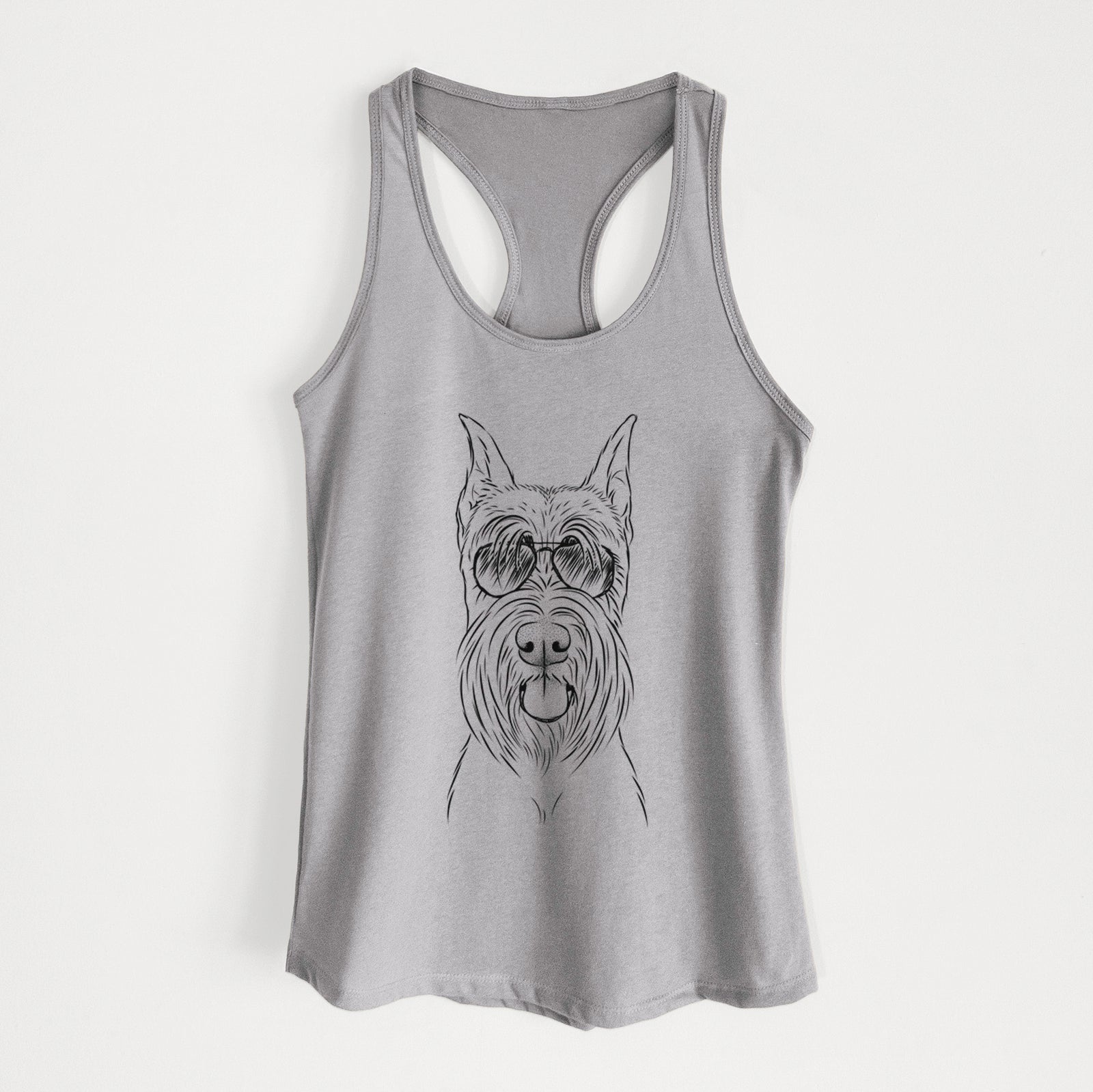 Hand-drawn sketch of Samuel the Standard Schnauzer wearing aviator sunglasses on a Heather Grey Women's racerback tanktop