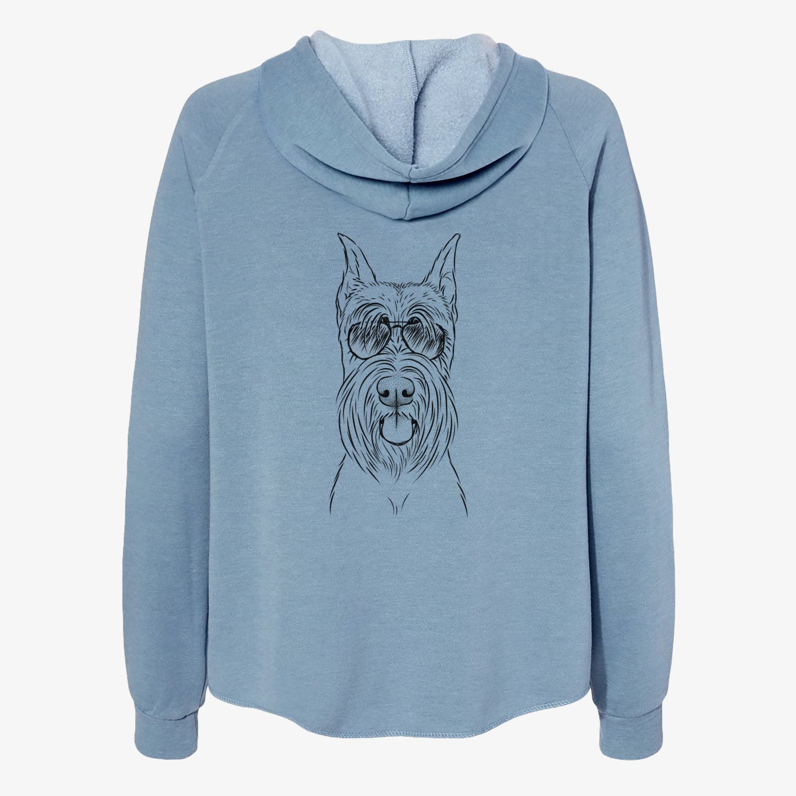 Hand-drawn sketch of Samuel the Standard Schnauzer wearing aviator sunglasses on a Misty Blue Women's cali wave zip-up sweatshirt