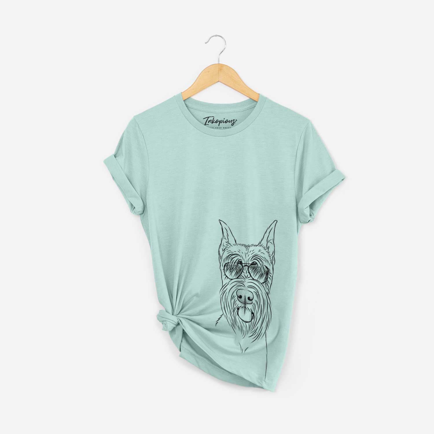 Hand-drawn sketch of Samuel the Standard Schnauzer wearing aviator sunglasses on a Heather Sage Bella Canvas Unisex Crewneck