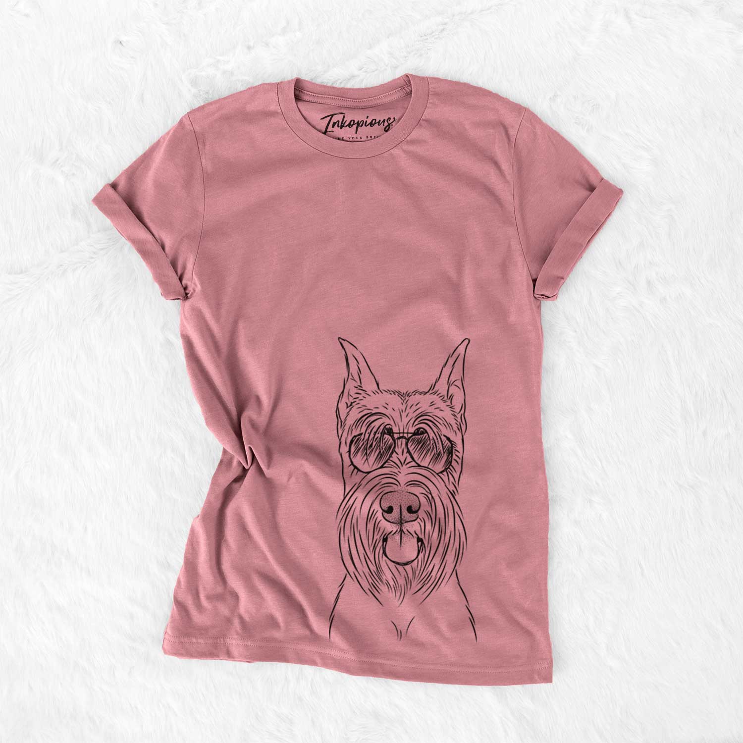 Hand-drawn sketch of Samuel the Standard Schnauzer wearing aviator sunglasses on a Mauve Bella Canvas Unisex Crewneck