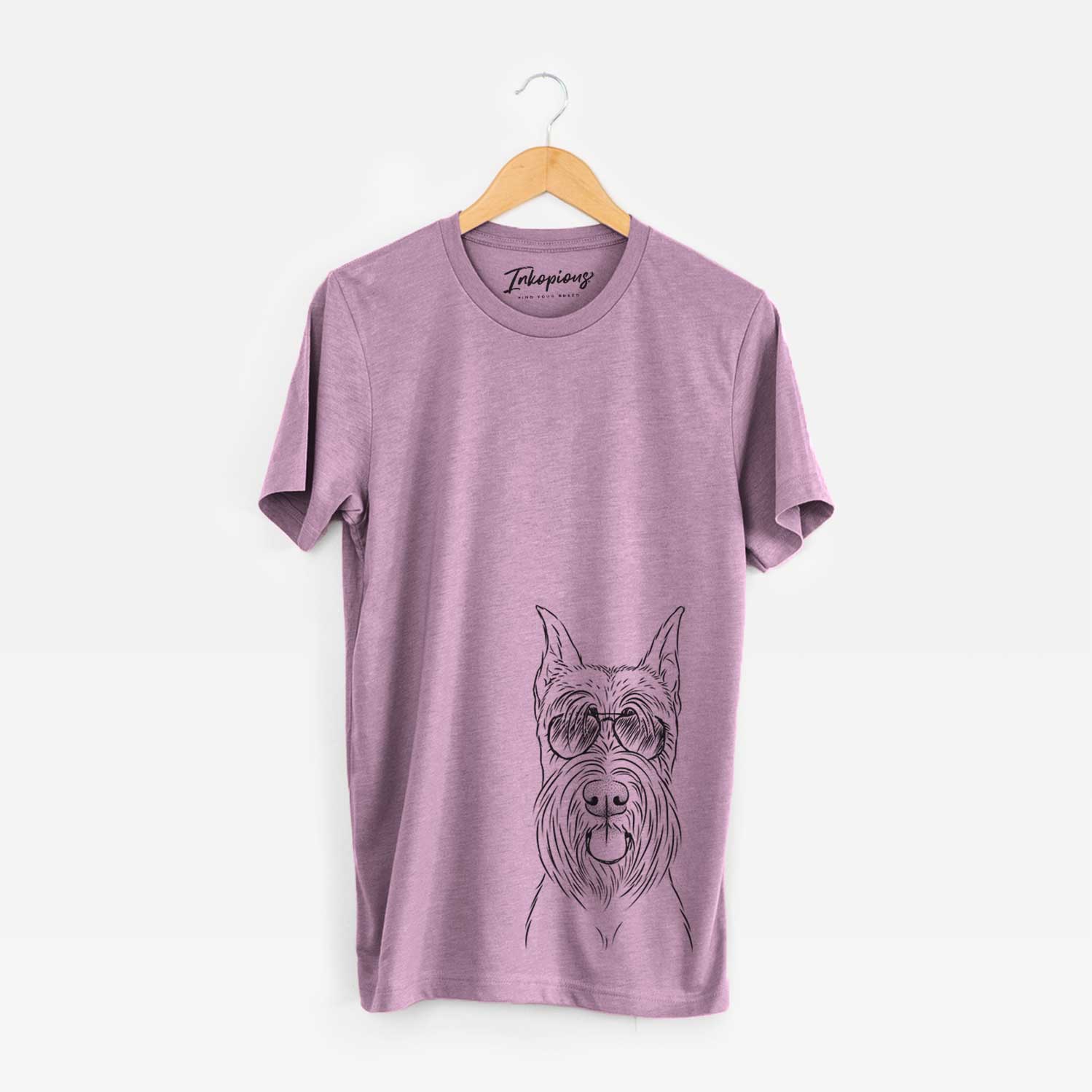 Hand-drawn sketch of Samuel the Standard Schnauzer wearing aviator sunglasses on an Orchid Bella Canvas Unisex Crewneck