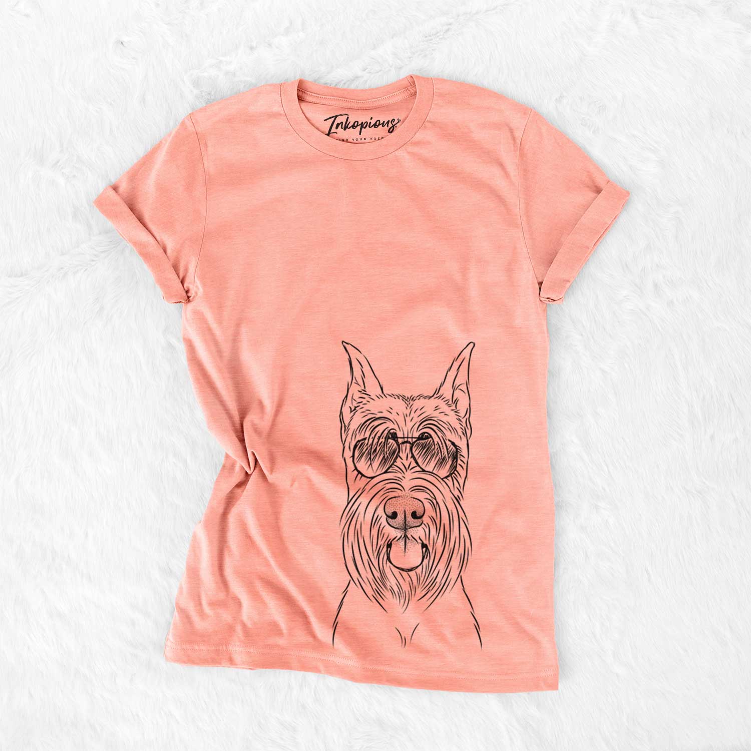 Hand-drawn sketch of Samuel the Standard Schnauzer wearing aviator sunglasses on a Sunset Bella Canvas Unisex Crewneck