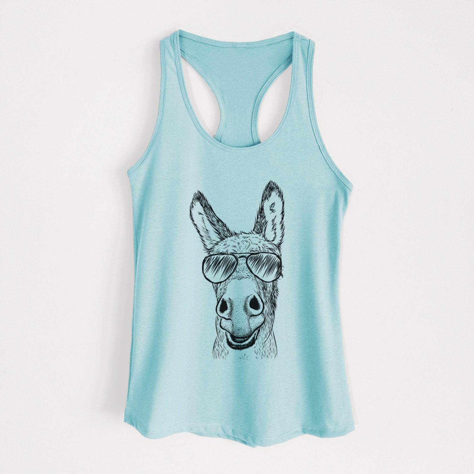 Hand-drawn sketch of Samule the Donkey wearing aviator sunglasses on a Cancun Blue Women's racerback tanktop