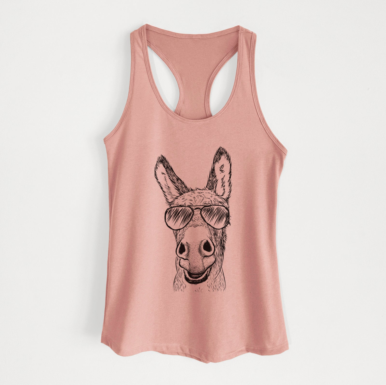 Hand-drawn sketch of Samule the Donkey wearing aviator sunglasses on a Desert Pink Women's racerback tanktop