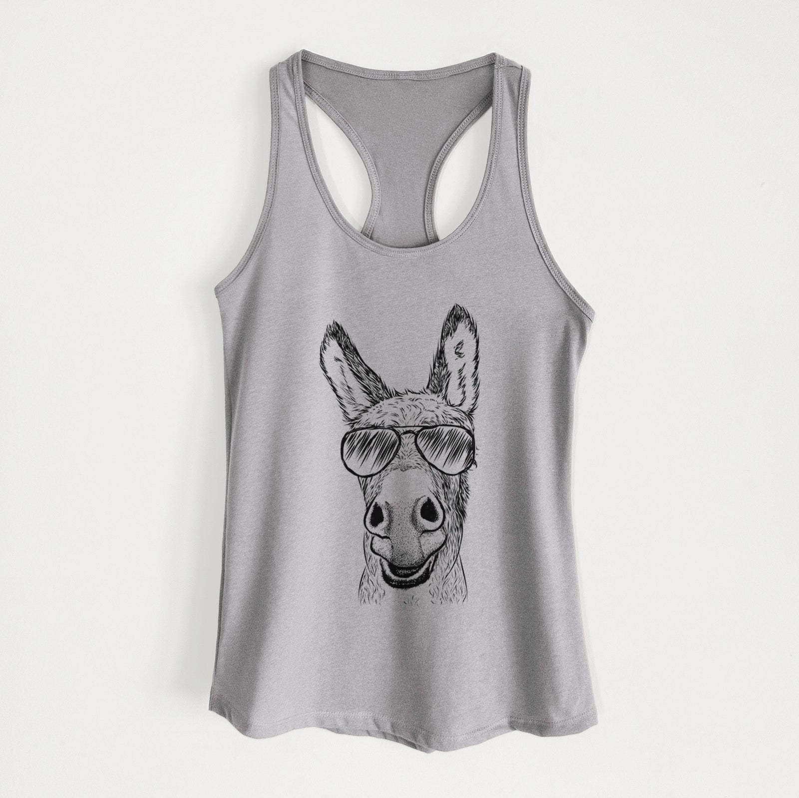 Hand-drawn sketch of Samule the Donkey wearing aviator sunglasses on a Heather Grey Women's racerback tanktop