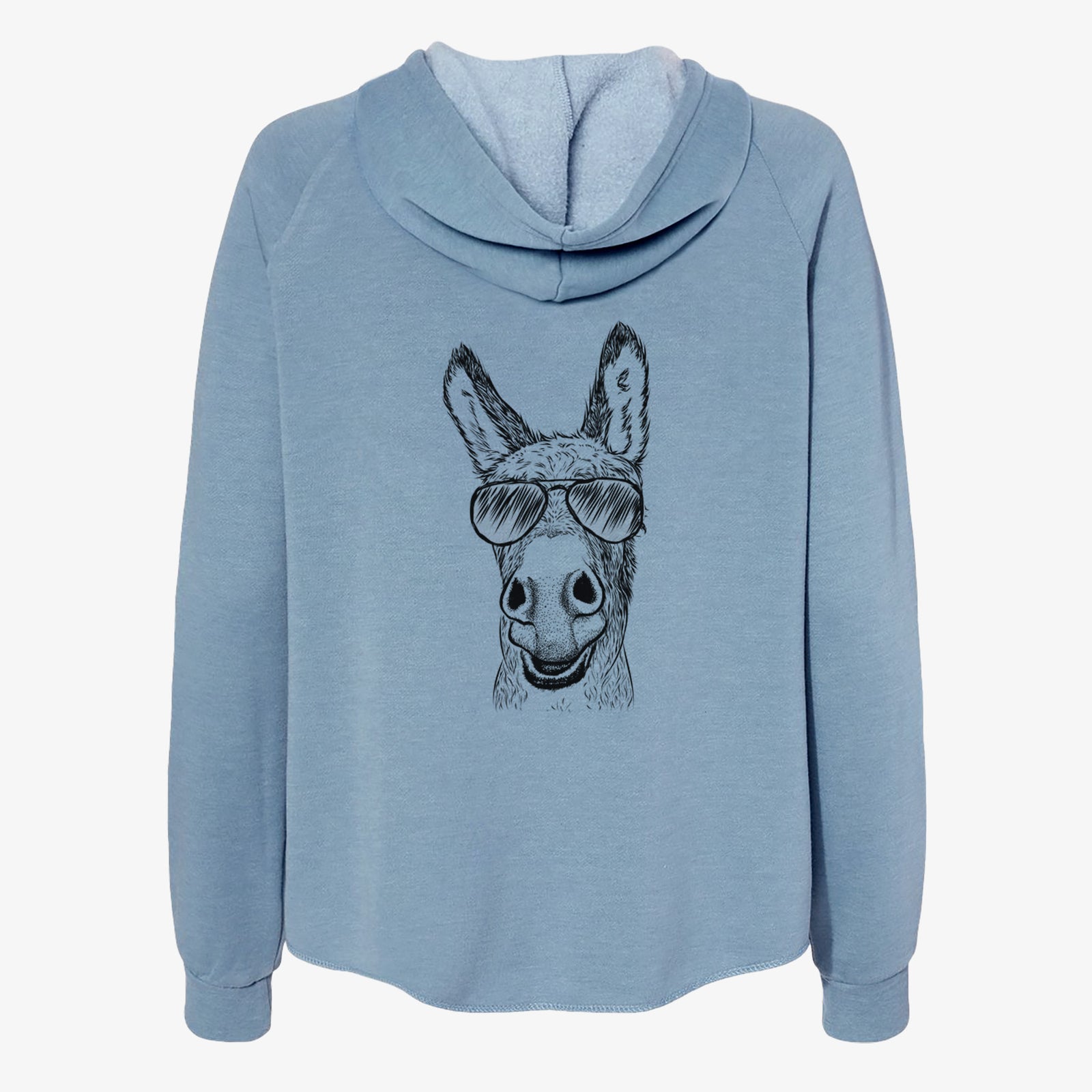 Hand-drawn sketch of Samule the Donkey wearing aviator sunglasses on a Misty Blue Women's cali wave zip-up sweatshirt