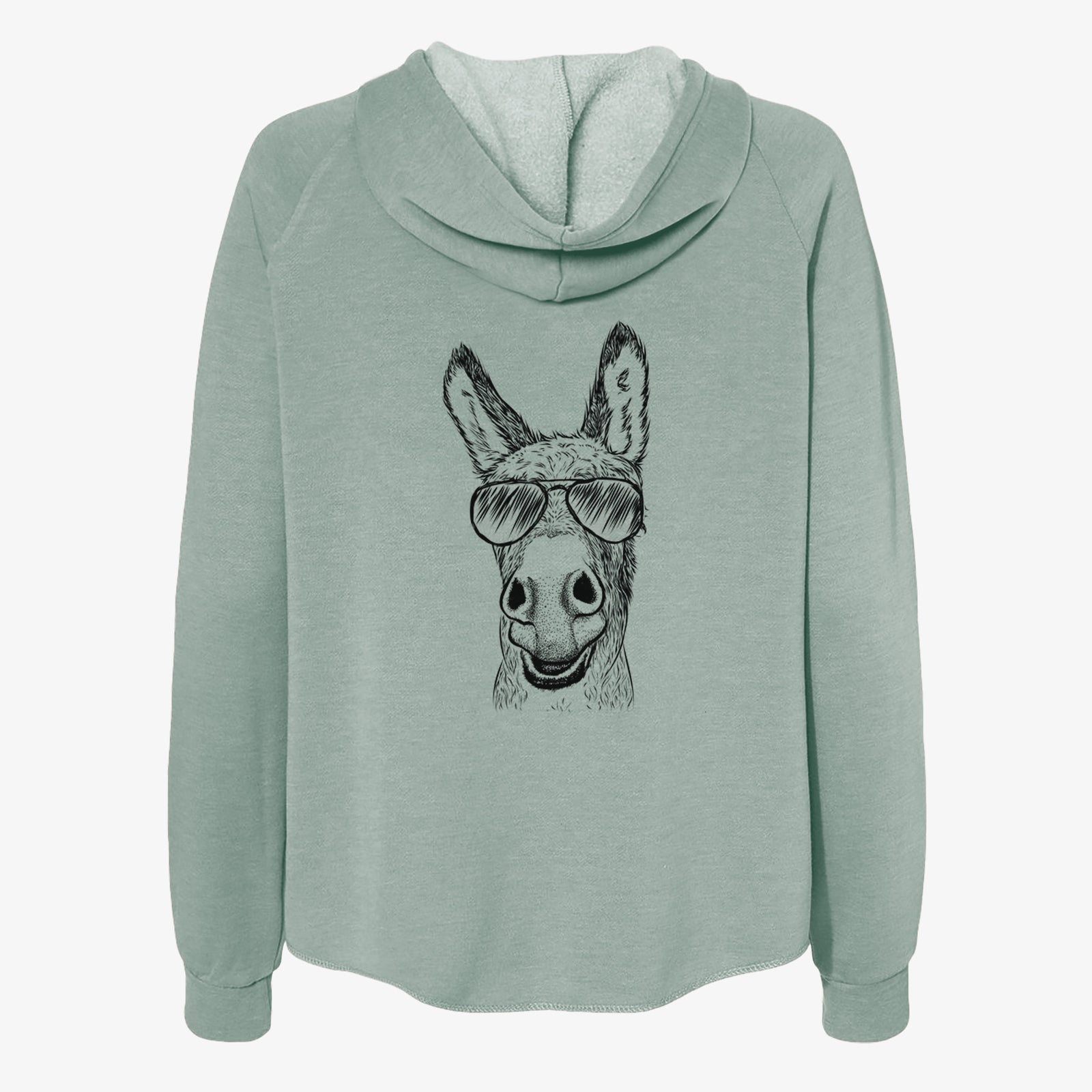 Hand-drawn sketch of Samule the Donkey wearing aviator sunglasses on a Sage Women's cali wave zip-up sweatshirt