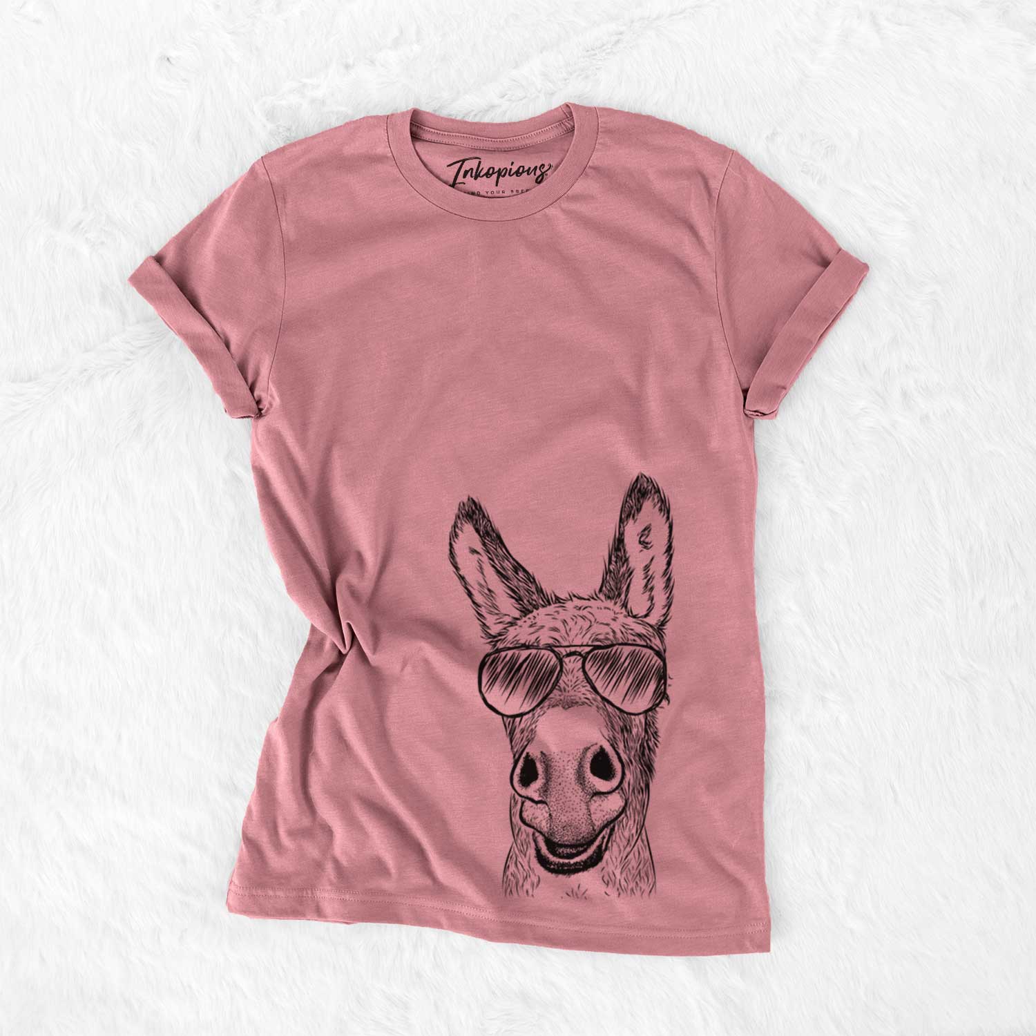 Hand-drawn sketch of Samule the Donkey wearing aviator sunglasses on a Mauve Bella Canvas Unisex Crewneck