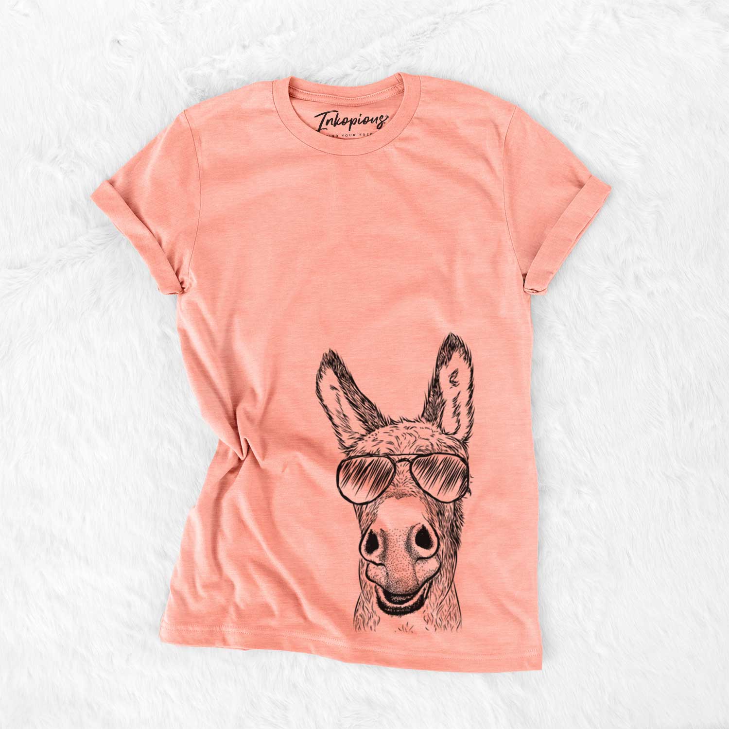Hand-drawn sketch of Samule the Donkey wearing aviator sunglasses on a Sunset Bella Canvas Unisex Crewneck