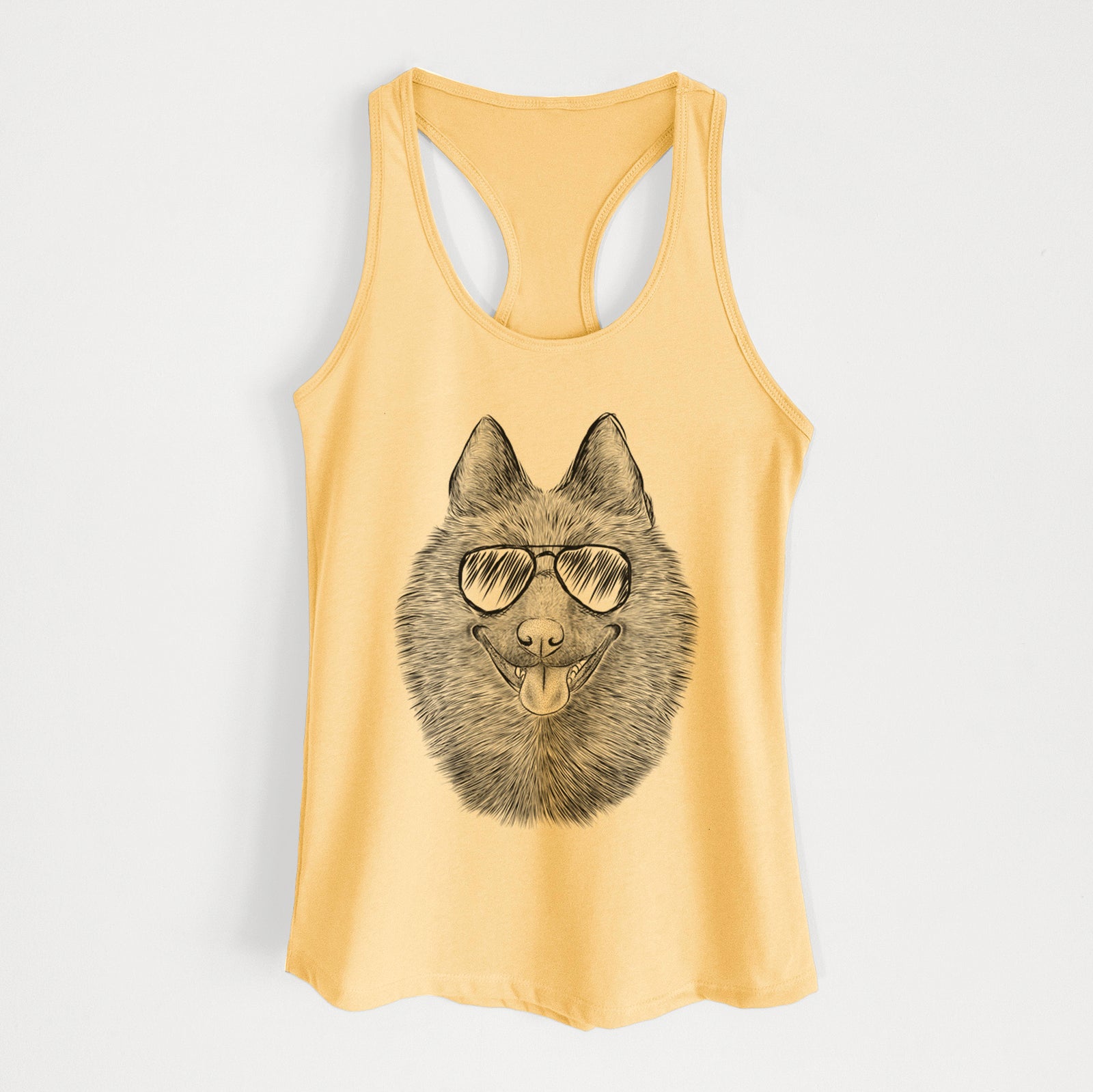 Hand-drawn sketch of Sander the Schipperke wearing aviator sunglasses on a Banana Cream Women's racerback tanktop