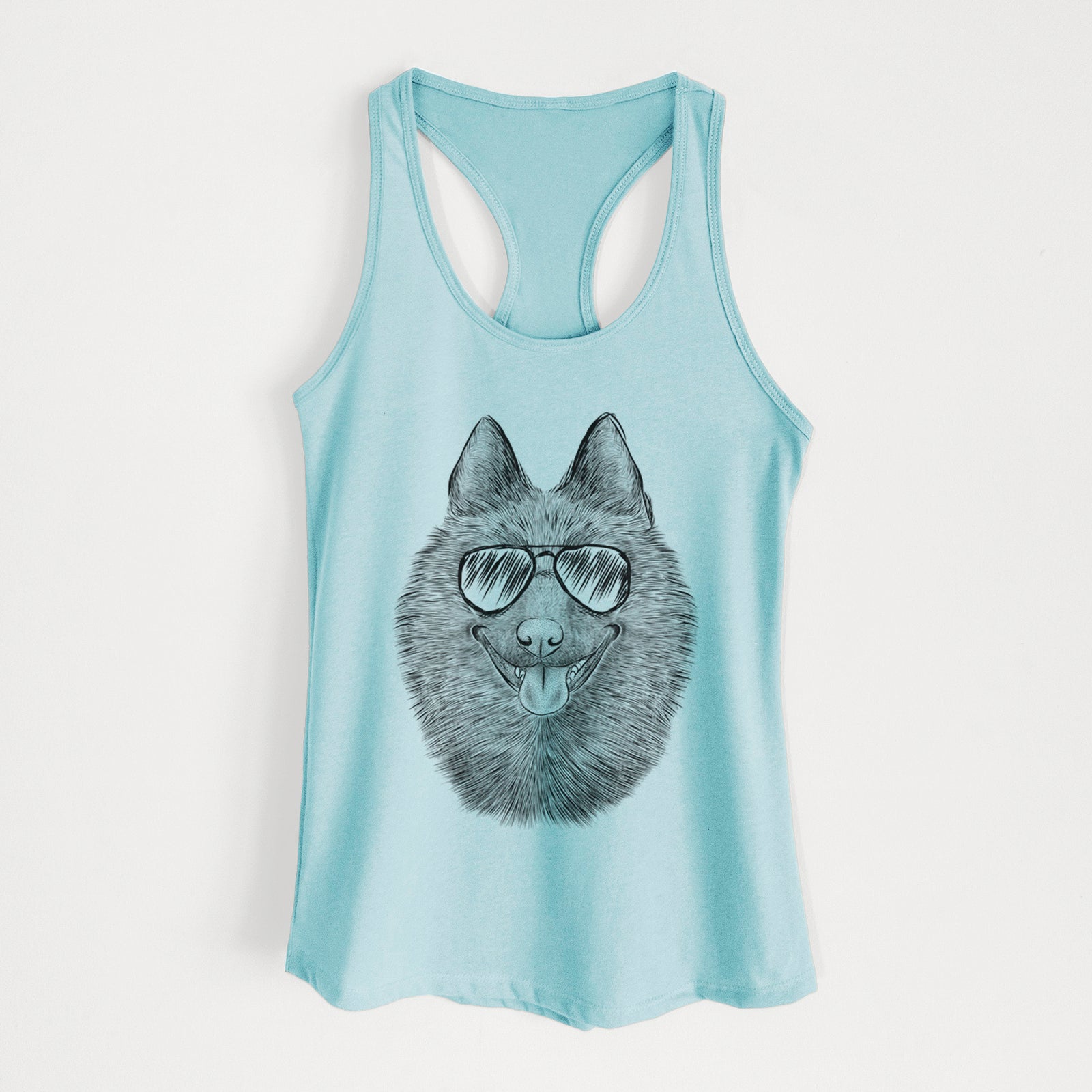 Hand-drawn sketch of Sander the Schipperke wearing aviator sunglasses on a Cancun Blue Women's racerback tanktop