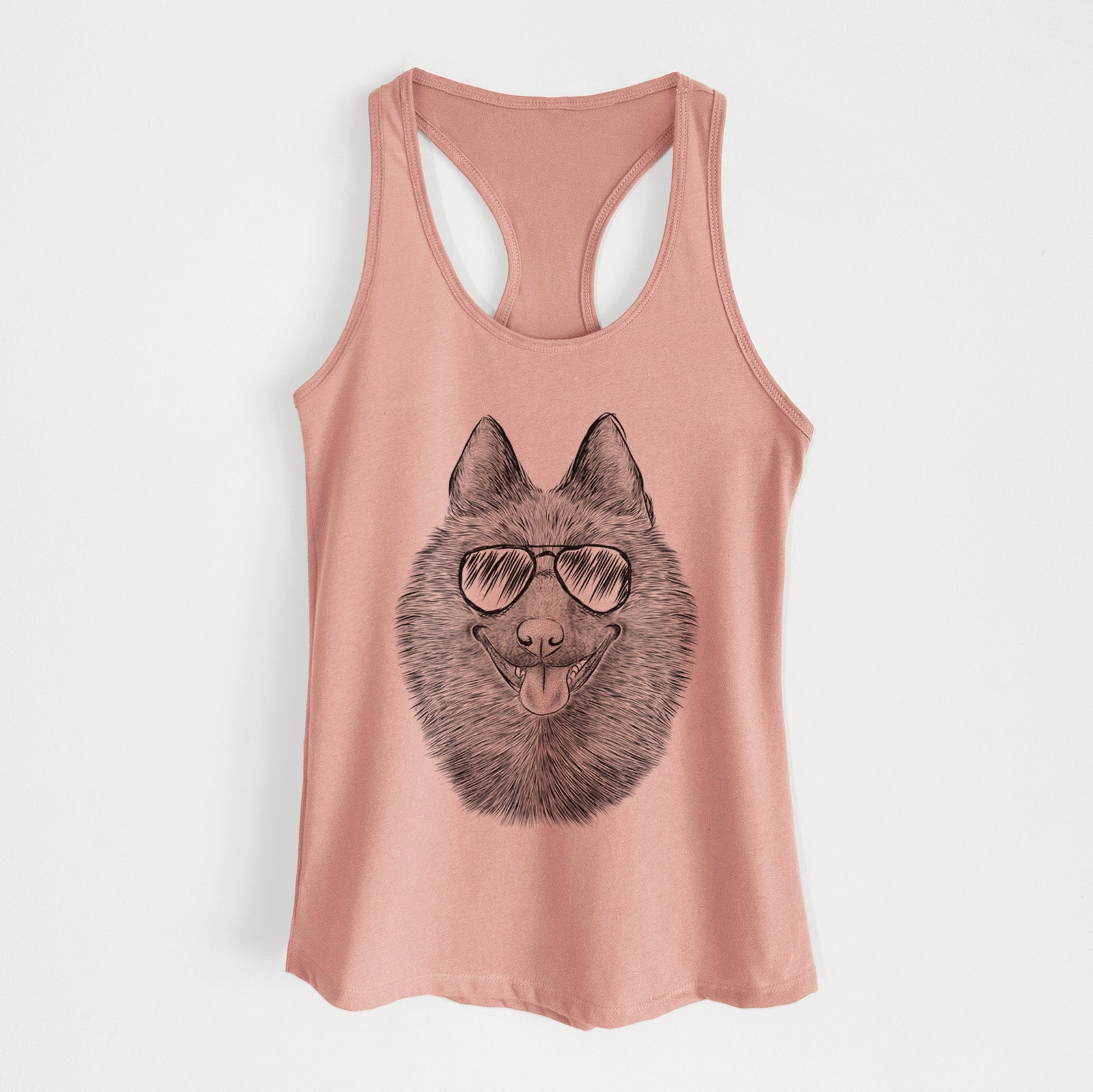 Hand-drawn sketch of Sander the Schipperke wearing aviator sunglasses on a Desert Pink Women's racerback tanktop