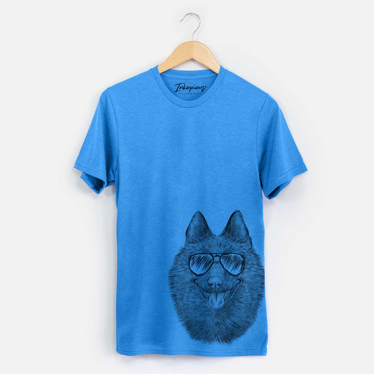 Hand-drawn sketch of Sander the Schipperke wearing aviator sunglasses on a Blue Unisex crewneck