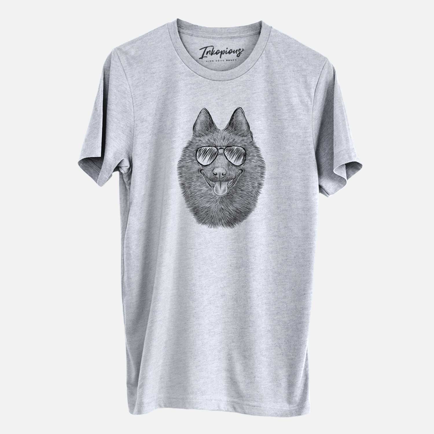 Hand-drawn sketch of Sander the Schipperke wearing aviator sunglasses on a Grey Unisex crewneck
