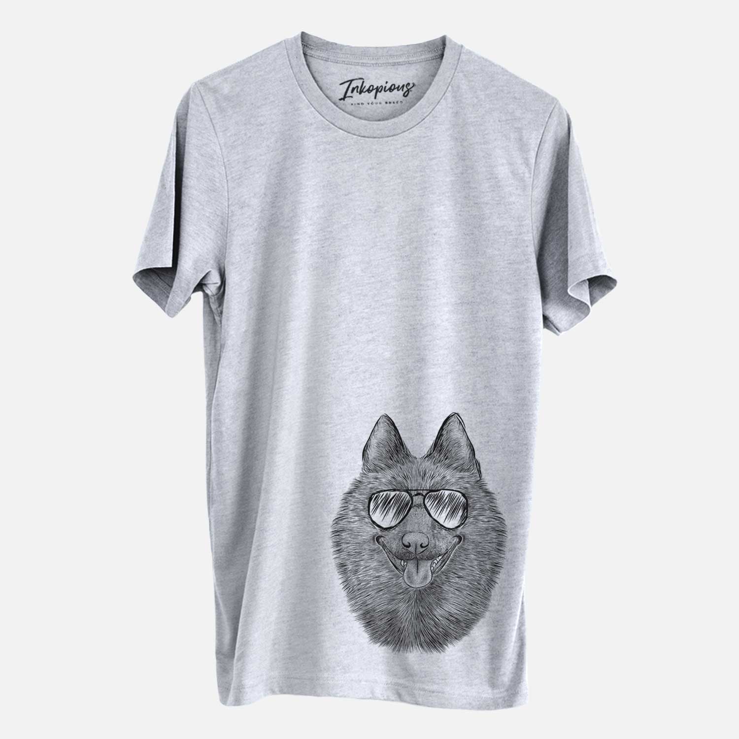 Hand-drawn sketch of Sander the Schipperke wearing aviator sunglasses on a Grey Unisex crewneck