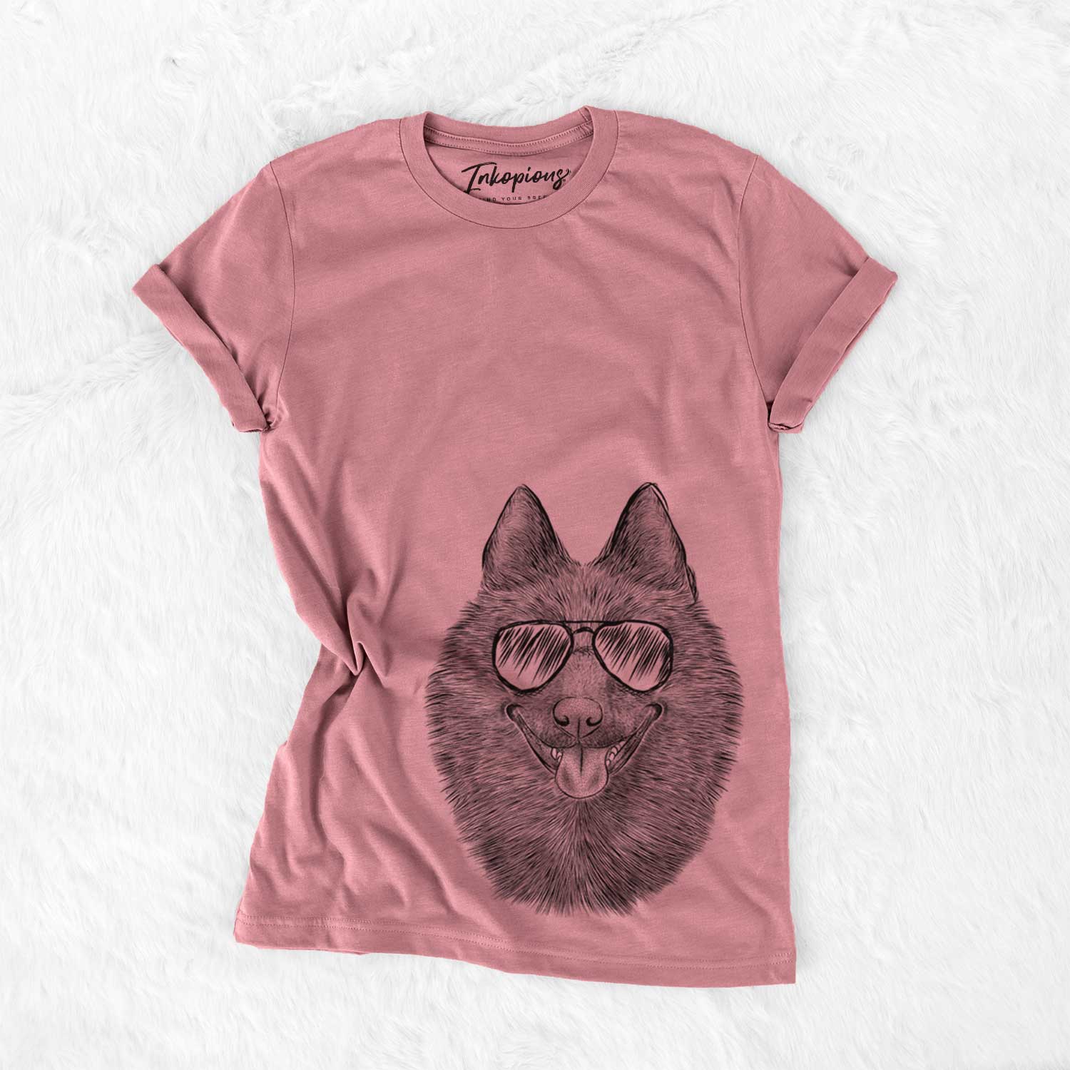 Hand-drawn sketch of Sander the Schipperke wearing aviator sunglasses on a Mauve Unisex crewneck